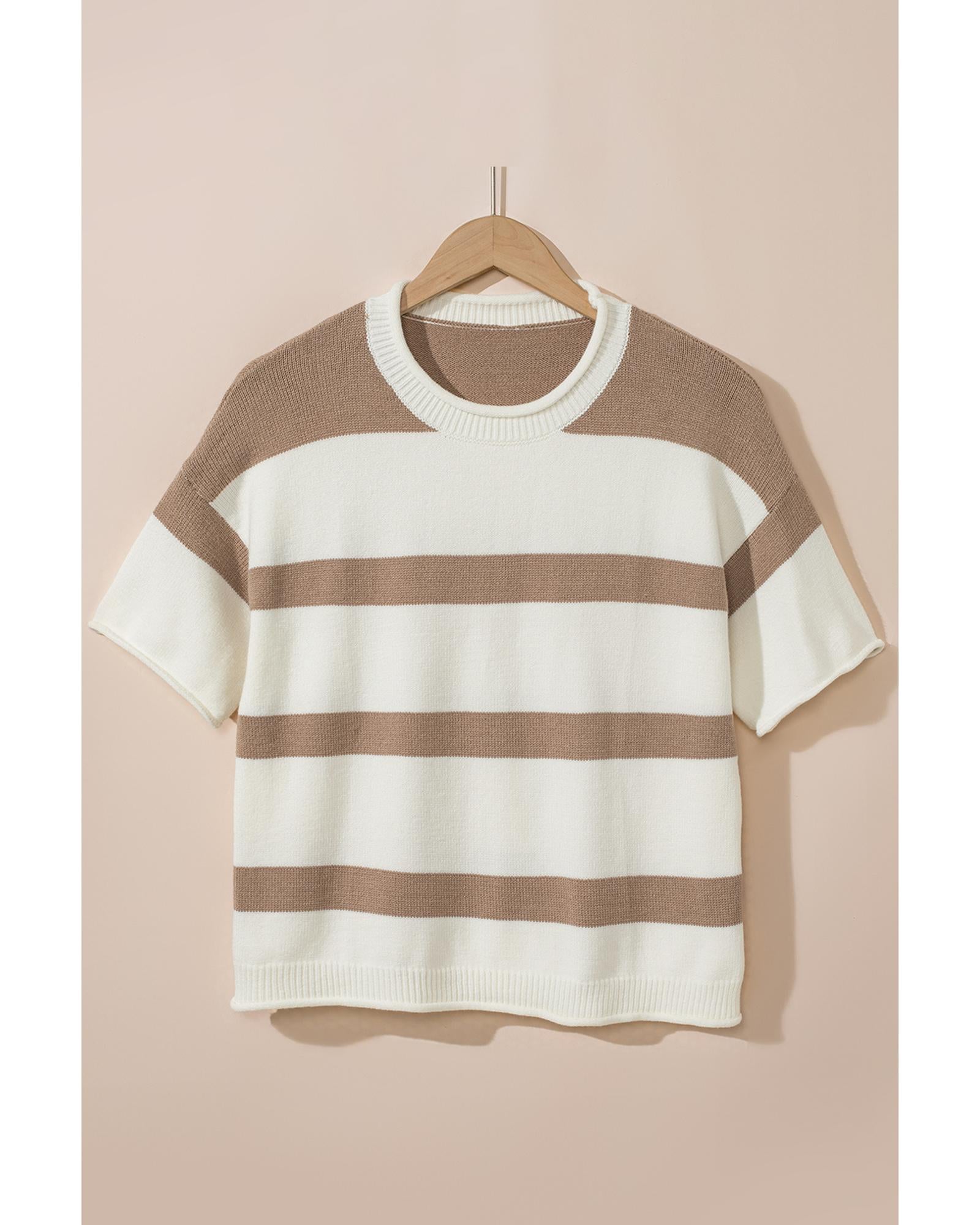 Khaki Stripe Dropped Short Sleeve Lightweight Knitted Top - L 6