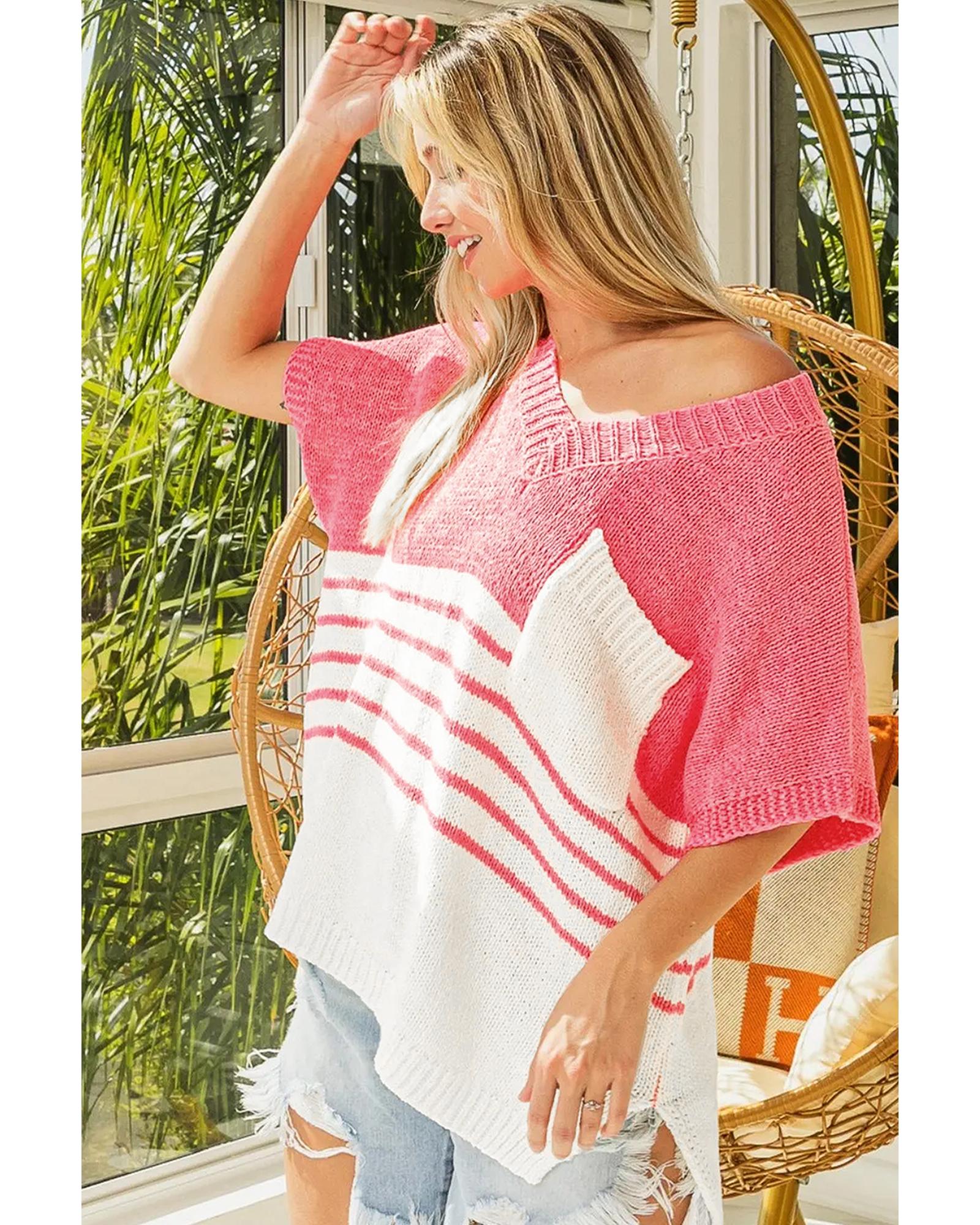 Strawberry Pink Contrast Stripes V Neck Knitted Short Sleeve Top - M 3