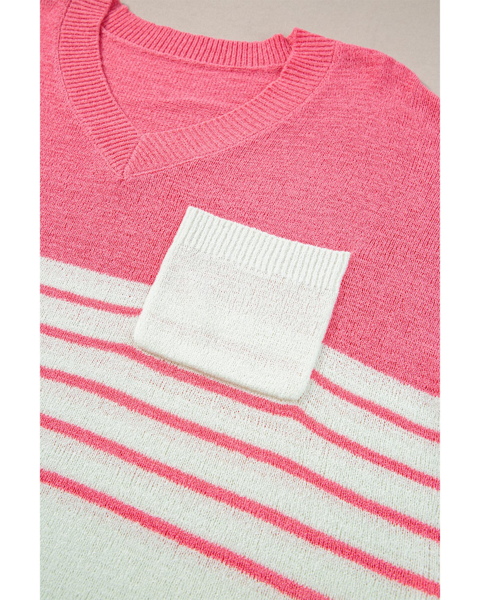 Strawberry Pink Contrast Stripes V Neck Knitted Short Sleeve Top - M 4