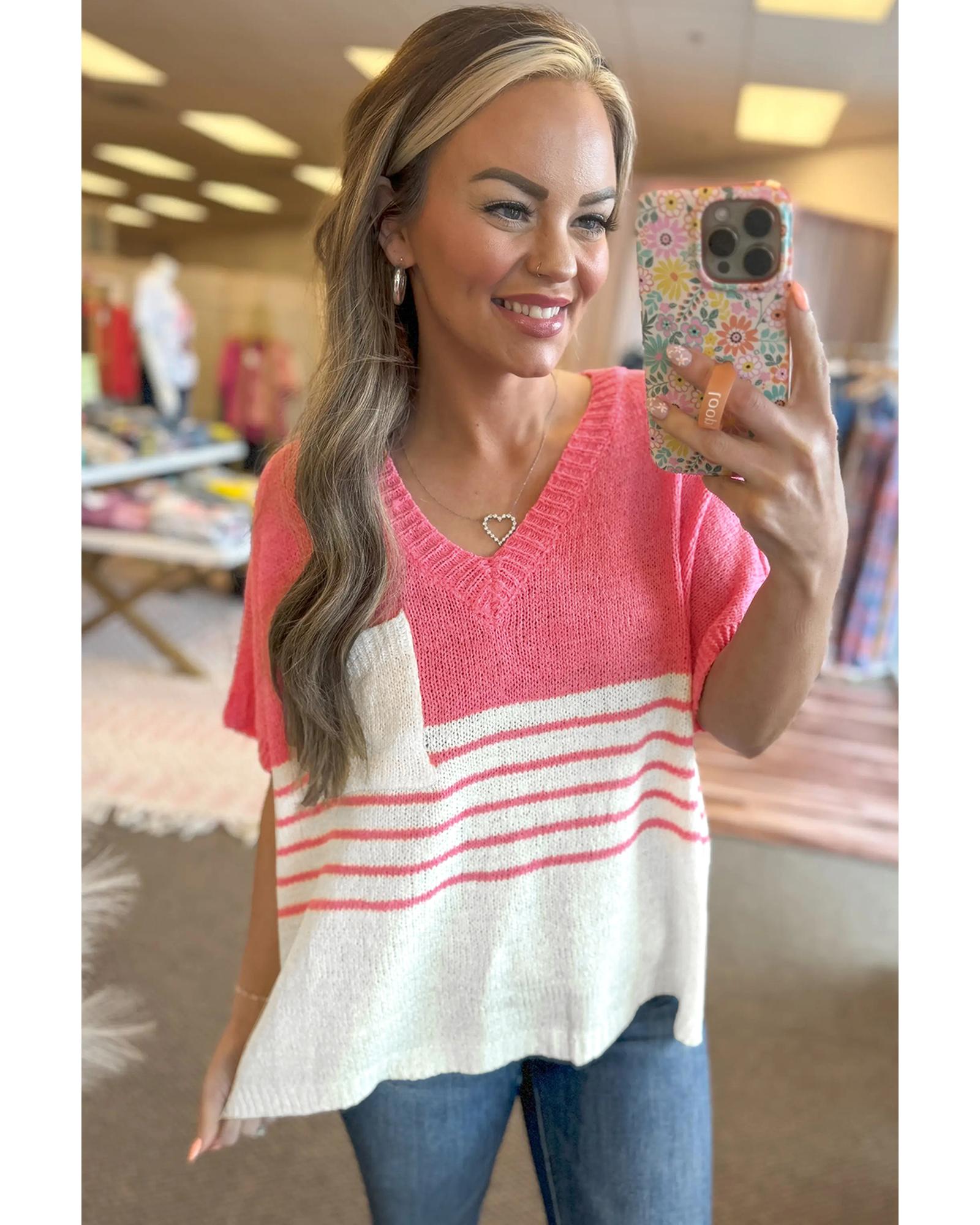 Strawberry Pink Contrast Stripes V Neck Knitted Short Sleeve Top - M 5
