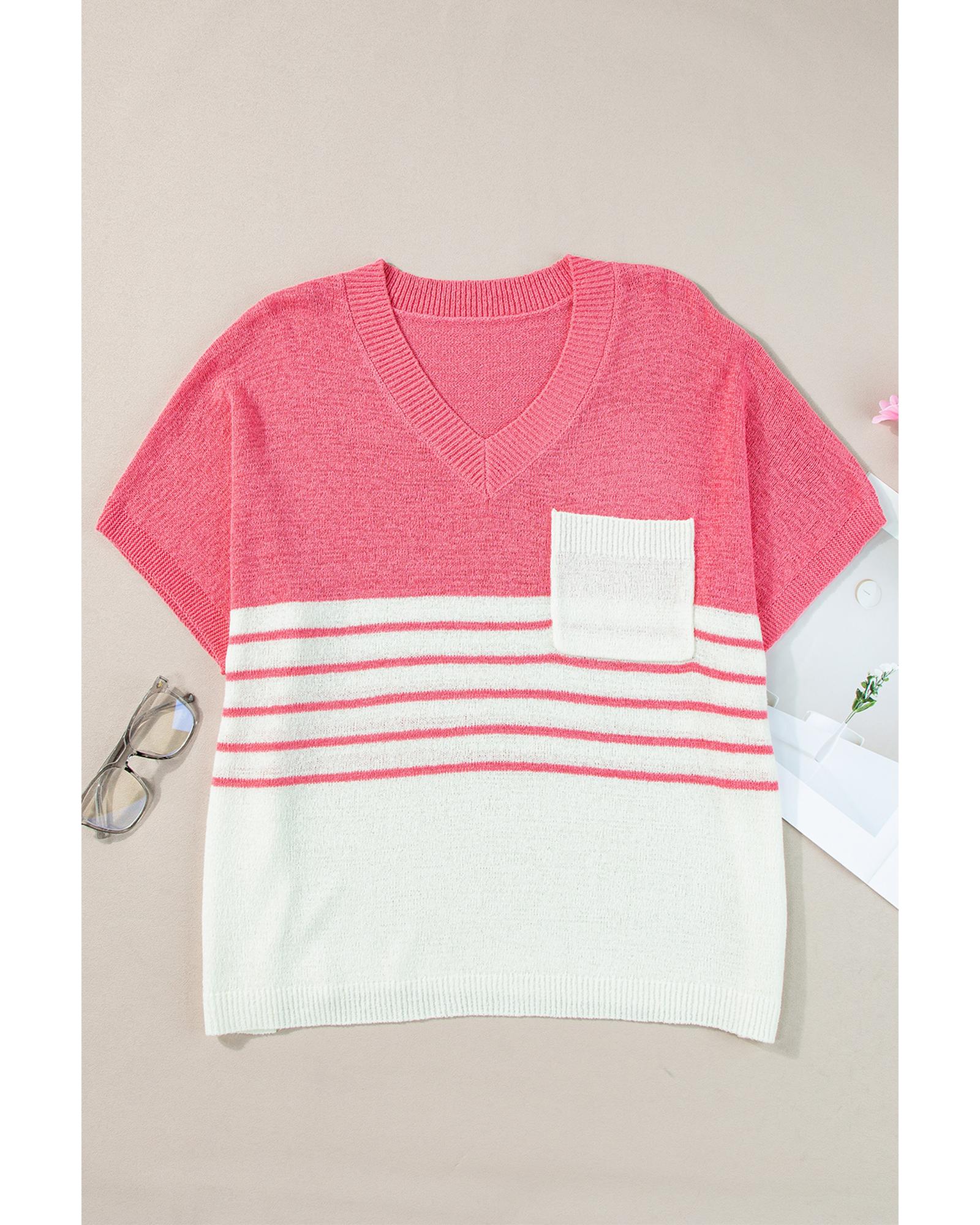 Strawberry Pink Contrast Stripes V Neck Knitted Short Sleeve Top - M 6