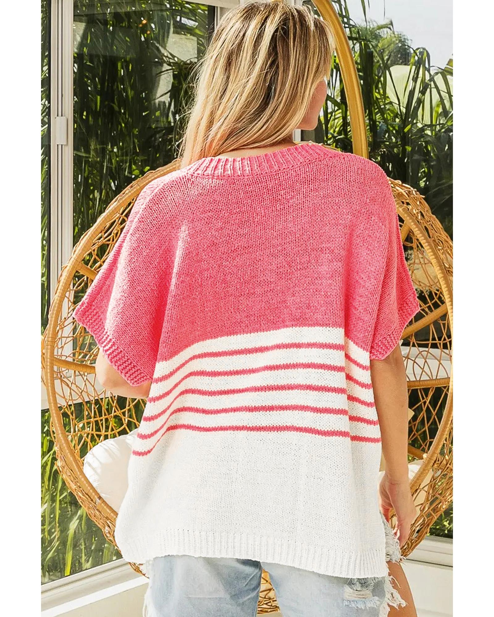 Strawberry Pink Contrast Stripes V Neck Knitted Short Sleeve Top - M 7