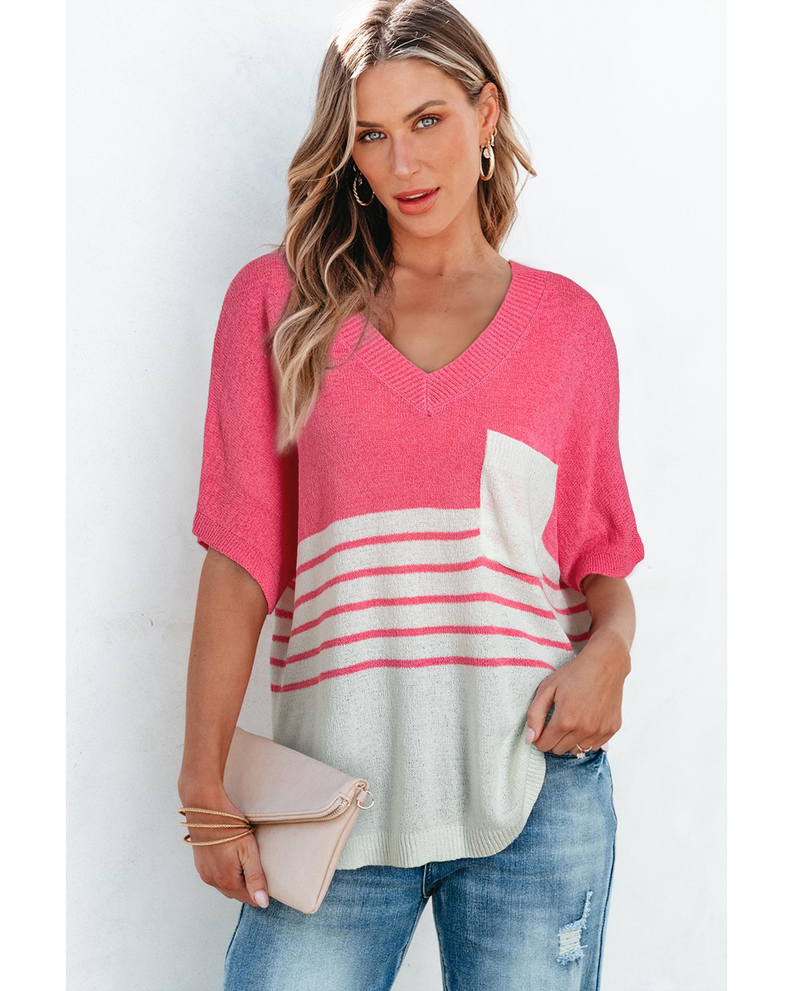 Strawberry Pink Contrast Stripes V Neck Knitted Short Sleeve Top - M 8