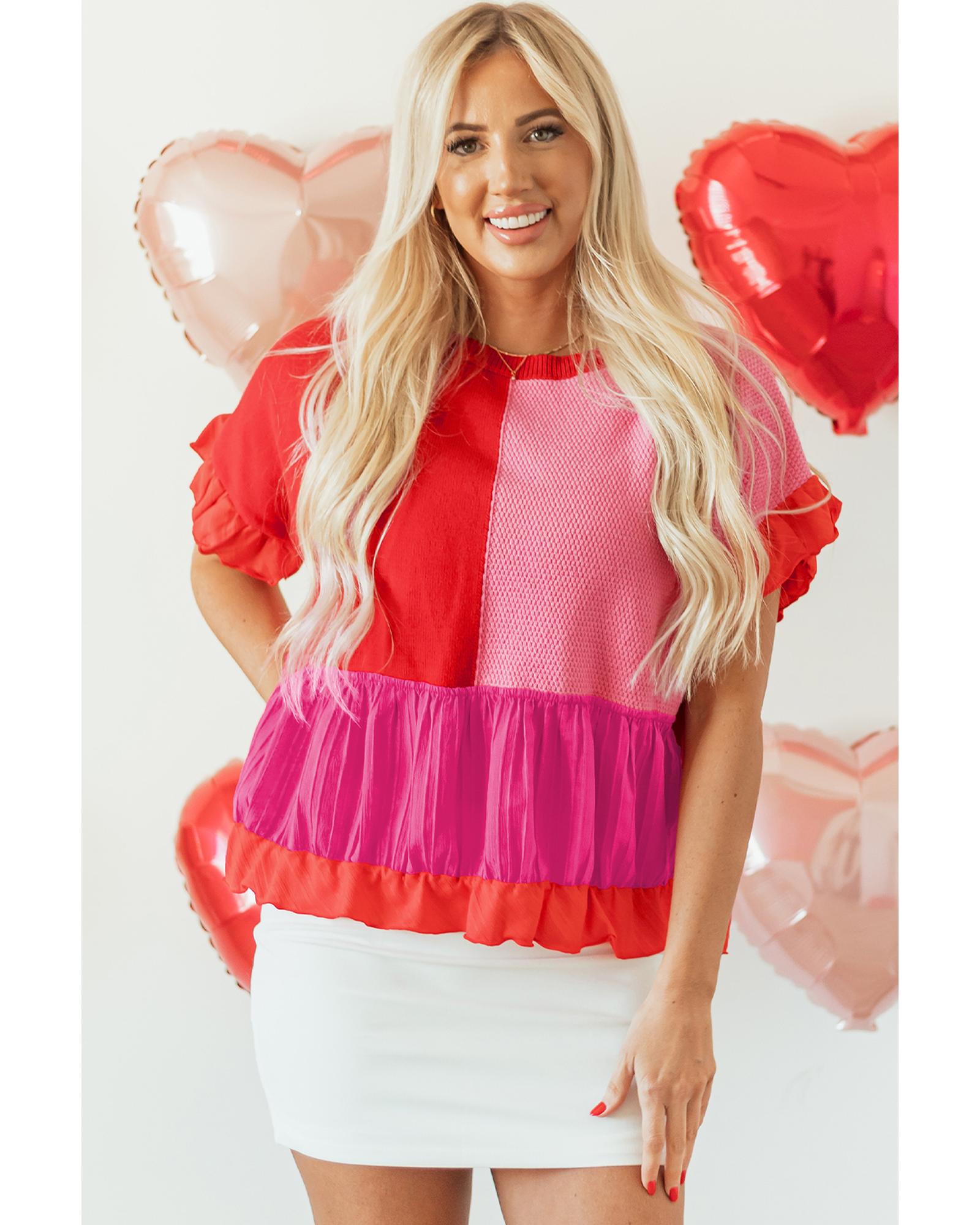 Tomato Red Mix Knitted Patchwork Ruffle Trim Loose Sweater - L 4