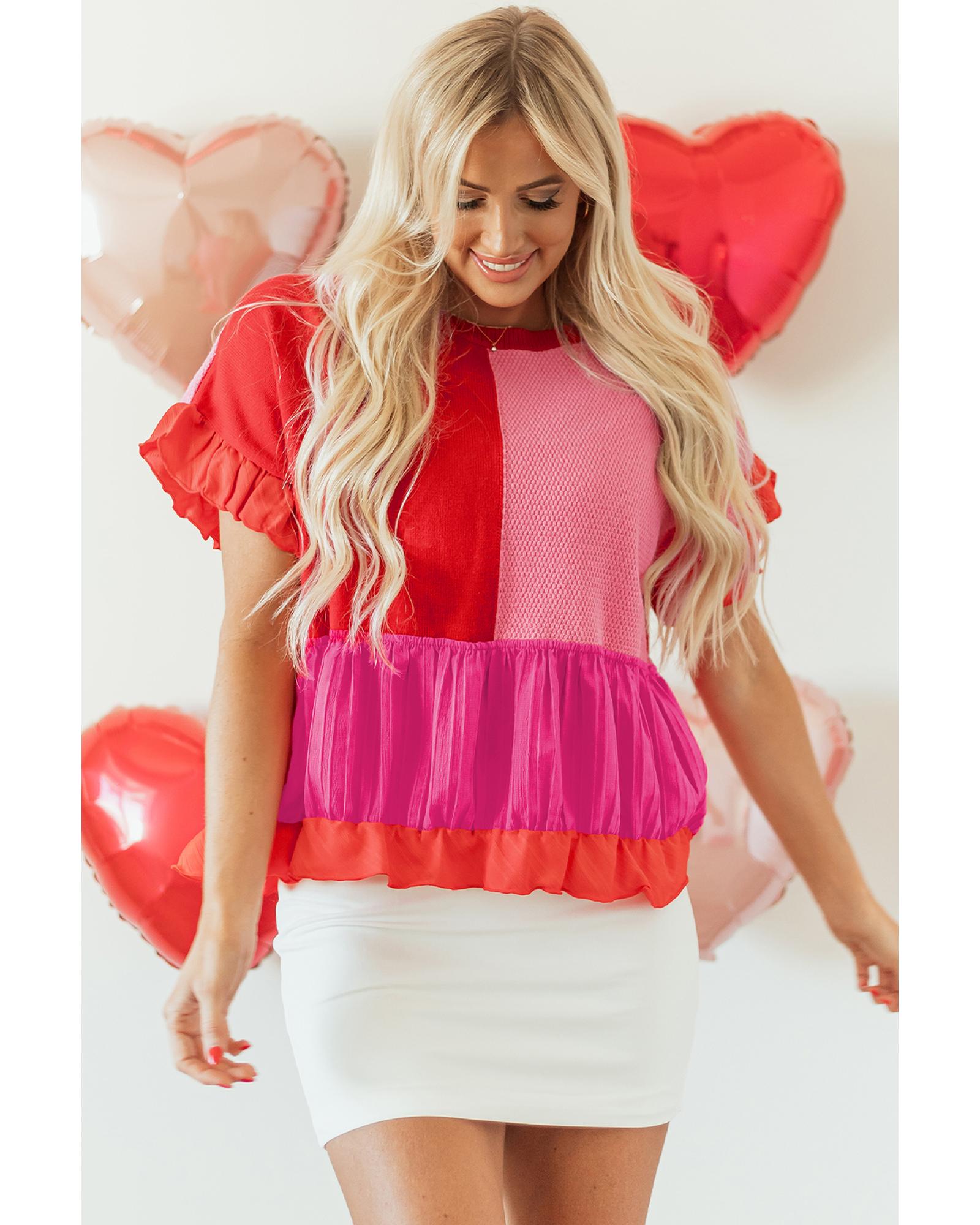 Tomato Red Mix Knitted Patchwork Ruffle Trim Loose Sweater - L 7