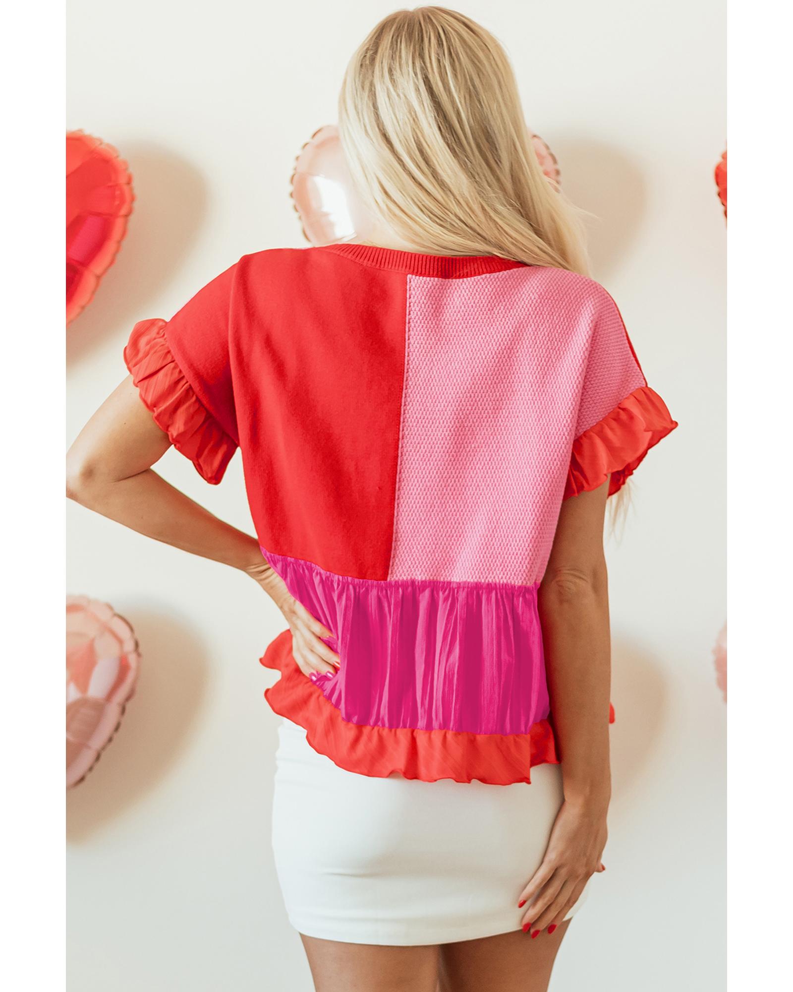 Tomato Red Mix Knitted Patchwork Ruffle Trim Loose Sweater - M 8