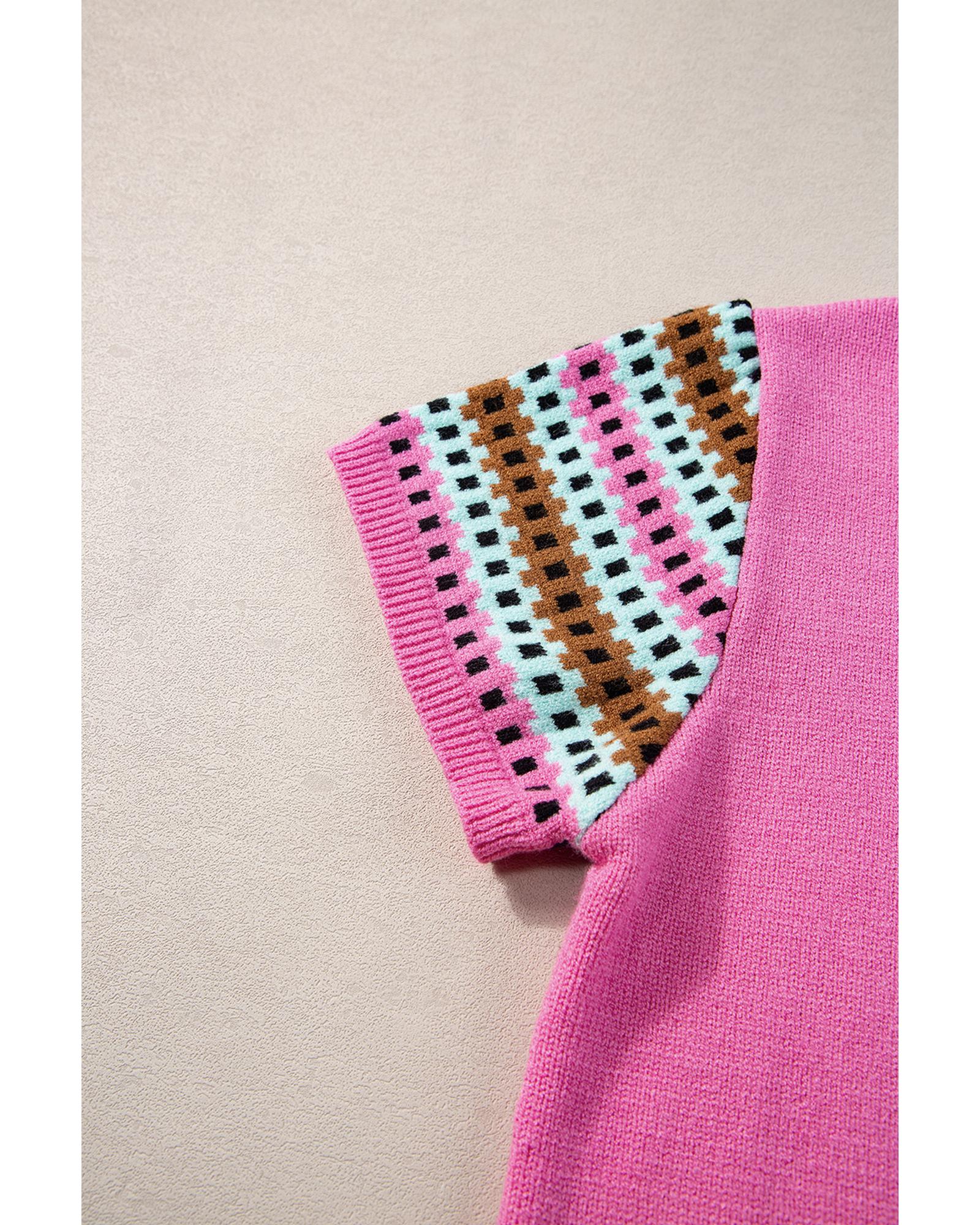 Bright Pink Contrast Printed Cap Sleeves Crewneck Sweater - L 3