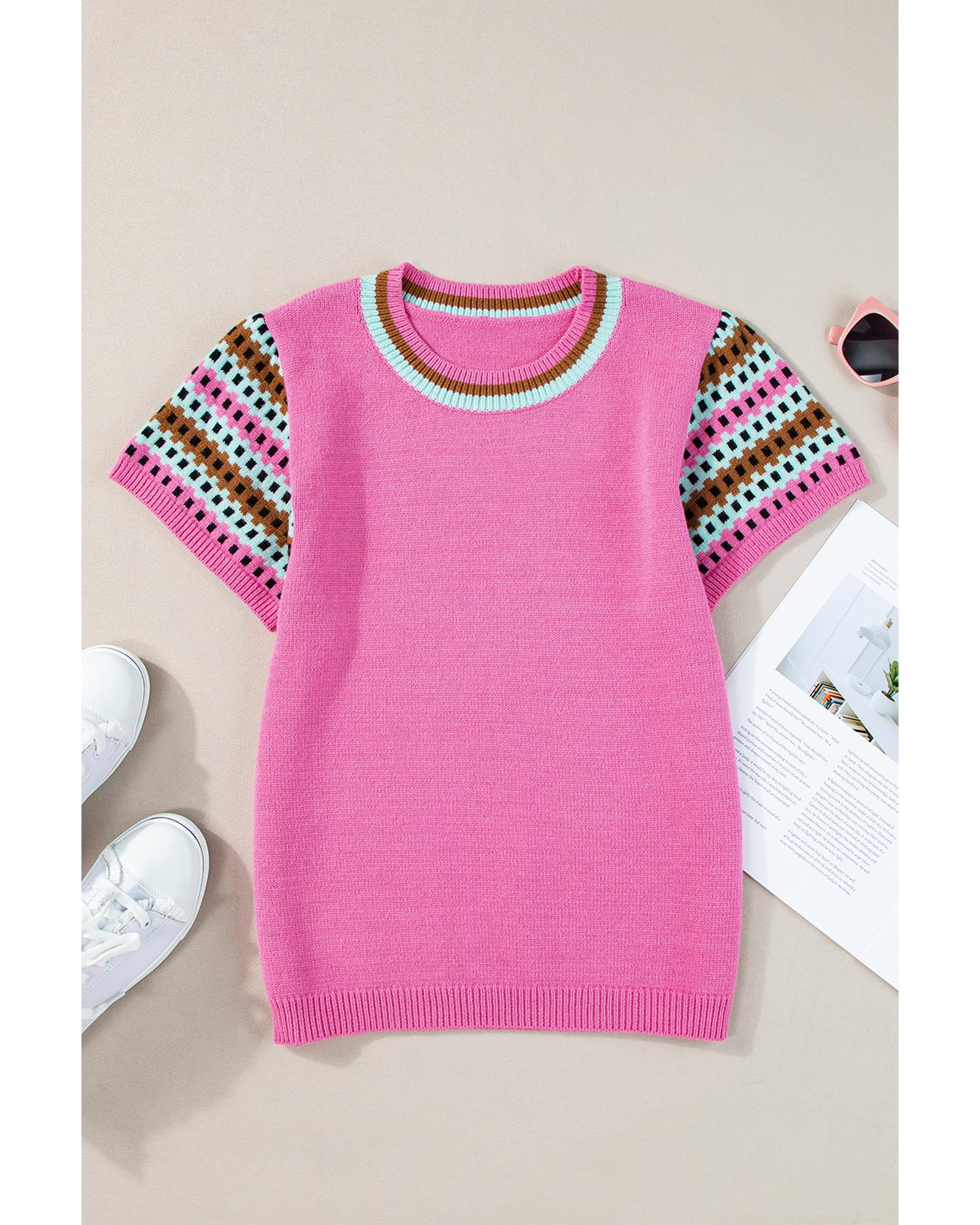 Bright Pink Contrast Printed Cap Sleeves Crewneck Sweater - L 6