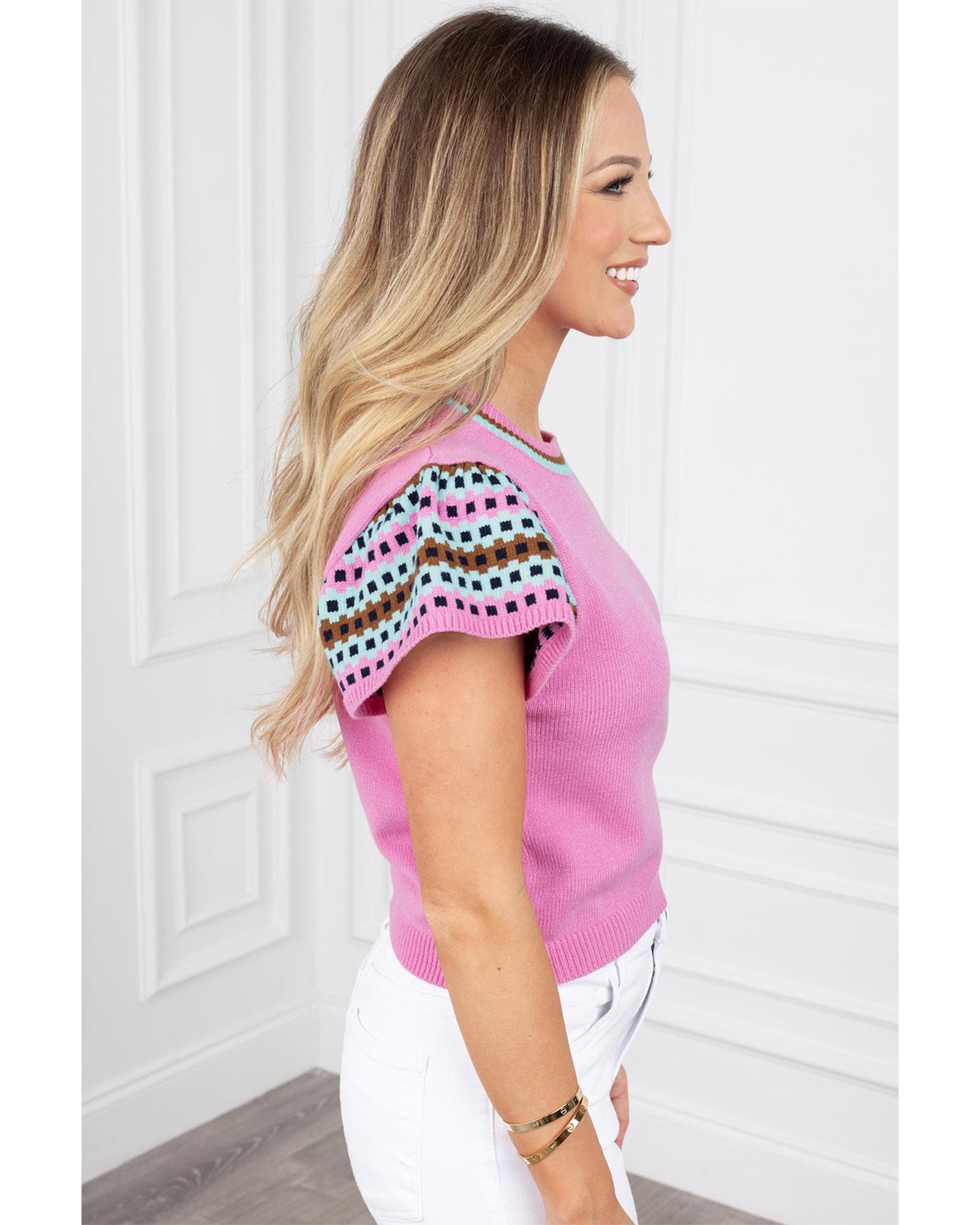 Bright Pink Contrast Printed Cap Sleeves Crewneck Sweater - M 4