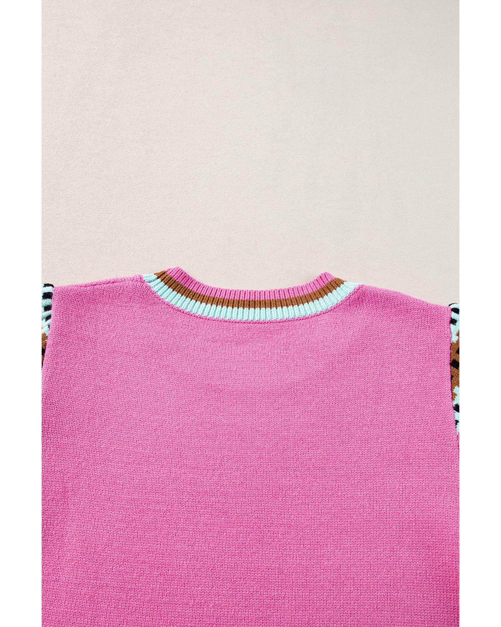 Bright Pink Contrast Printed Cap Sleeves Crewneck Sweater - M 5