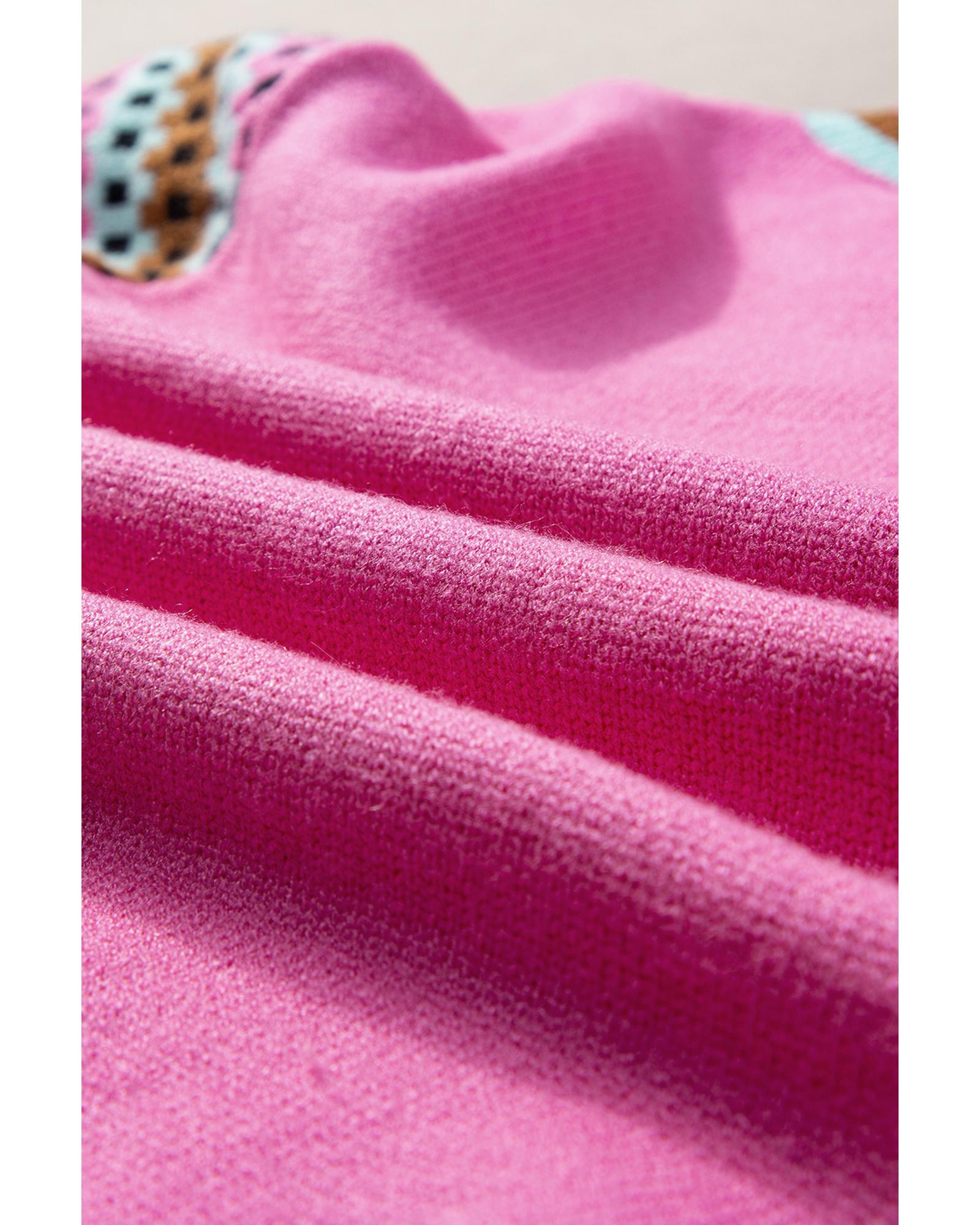 Bright Pink Contrast Printed Cap Sleeves Crewneck Sweater - M 7