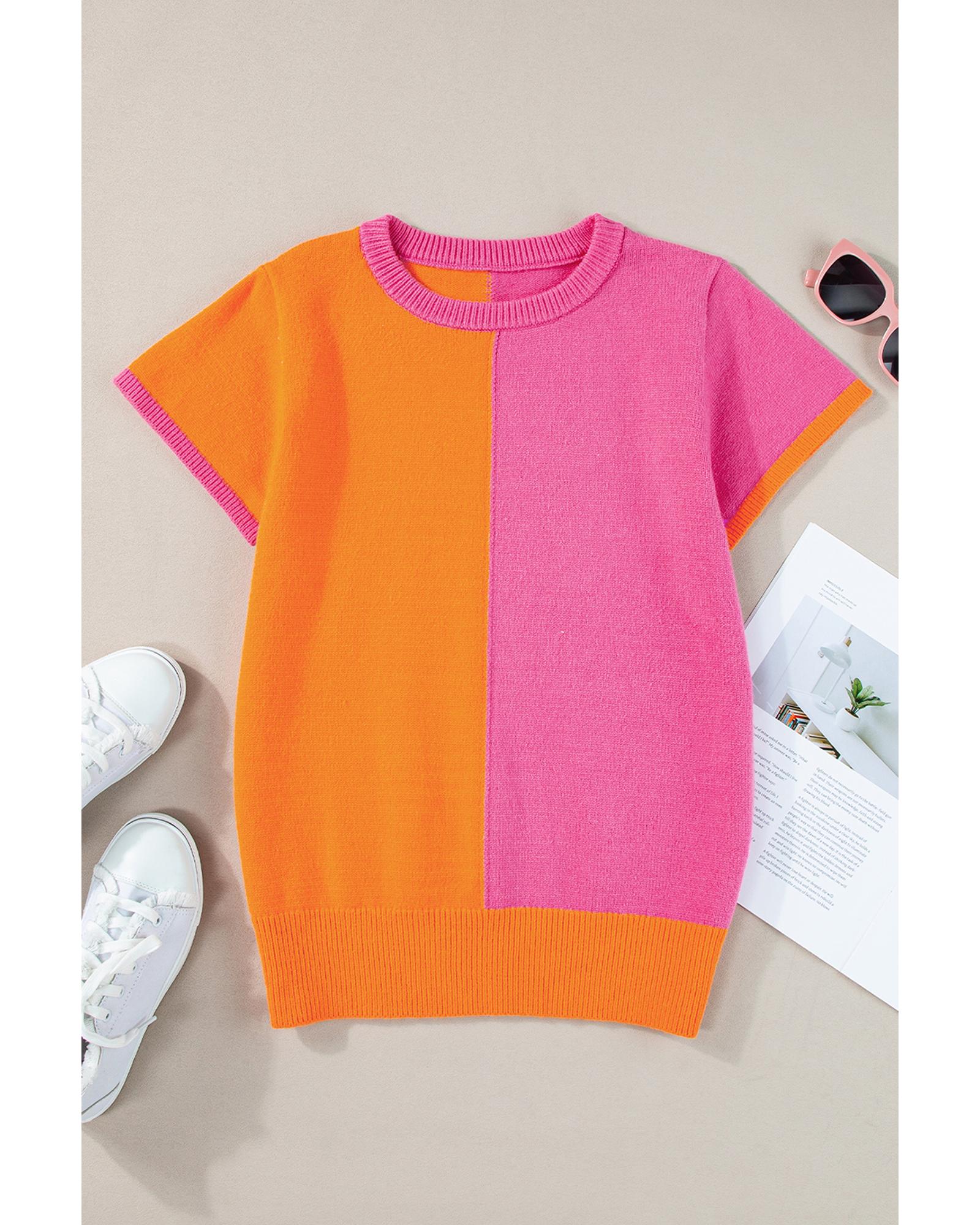 Flamingo 2-tone Color Block Knit Cap Sleeve Sweater Top - L