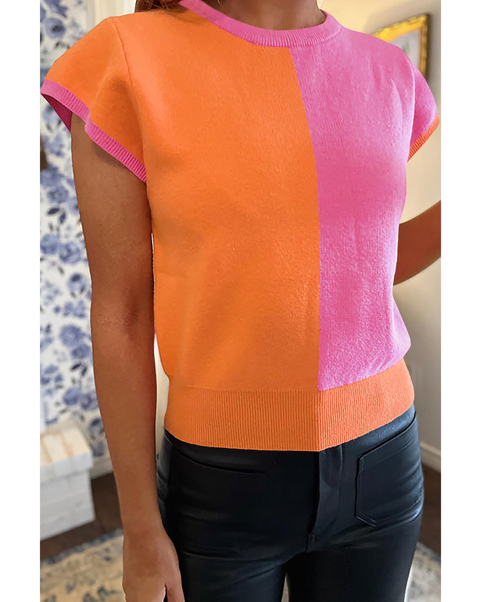 Flamingo 2-tone Color Block Knit Cap Sleeve Sweater Top - XL 6