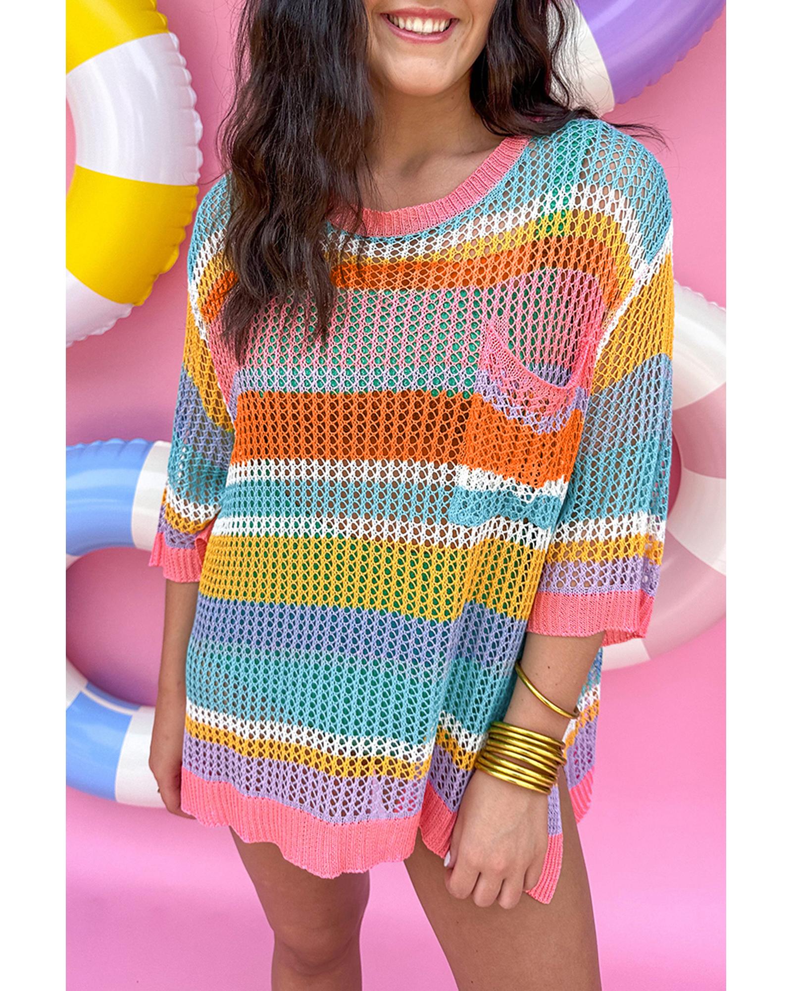 Pink Stripe Colorblock Hollowed Crochet 3/4 Sleeve Sweater - M 3