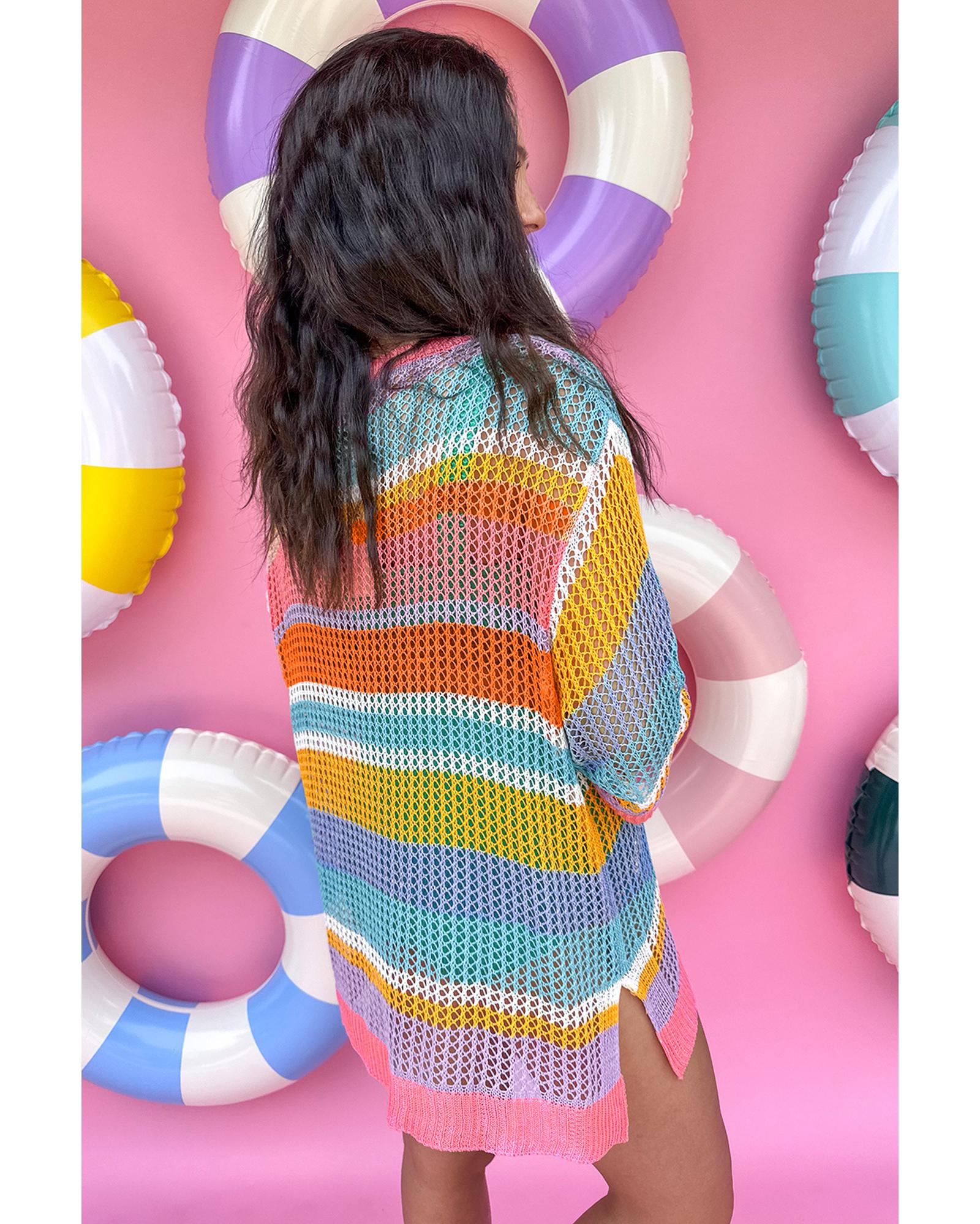 Pink Stripe Colorblock Hollowed Crochet 3/4 Sleeve Sweater - M 5