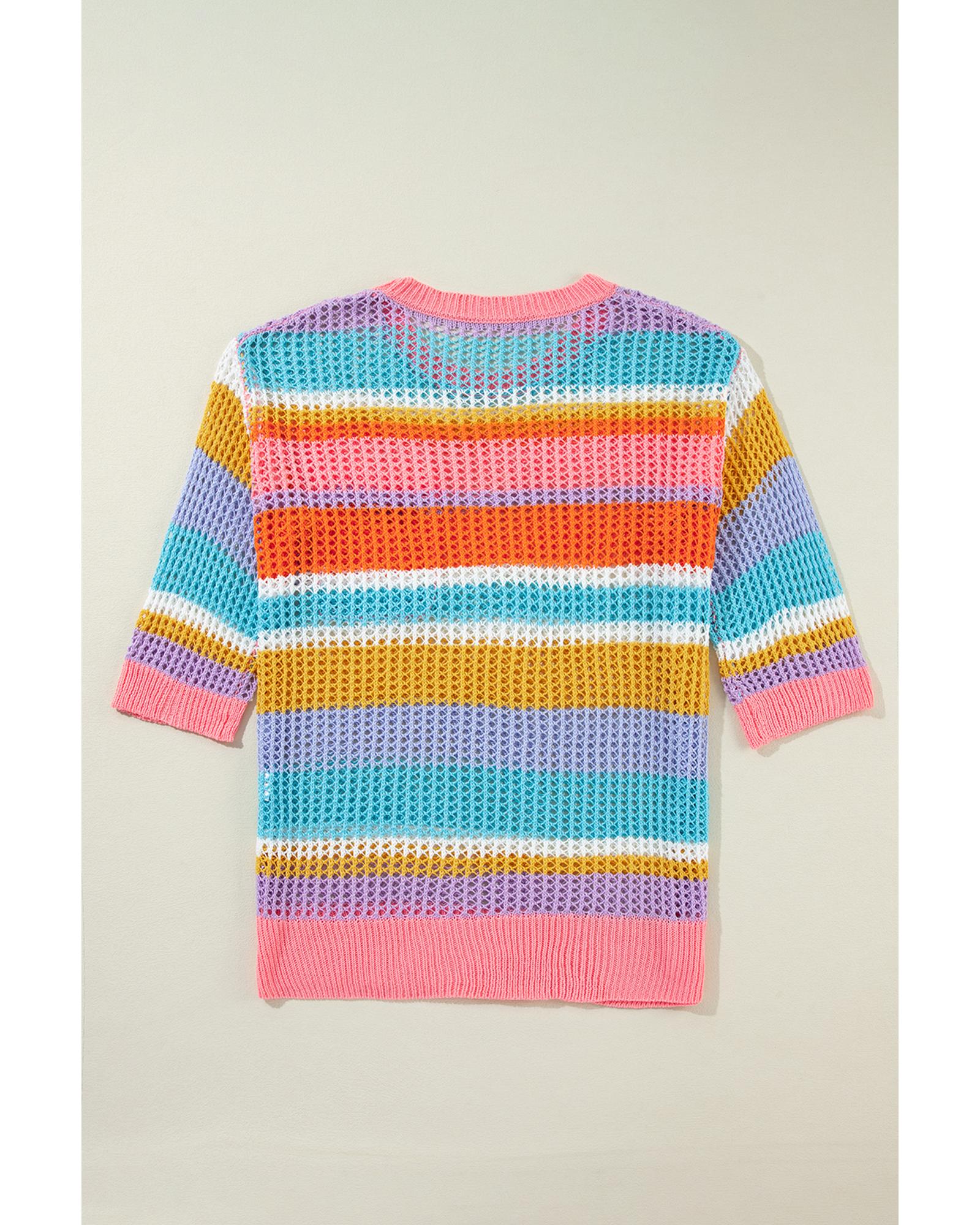 Pink Stripe Colorblock Hollowed Crochet 3/4 Sleeve Sweater - M 6