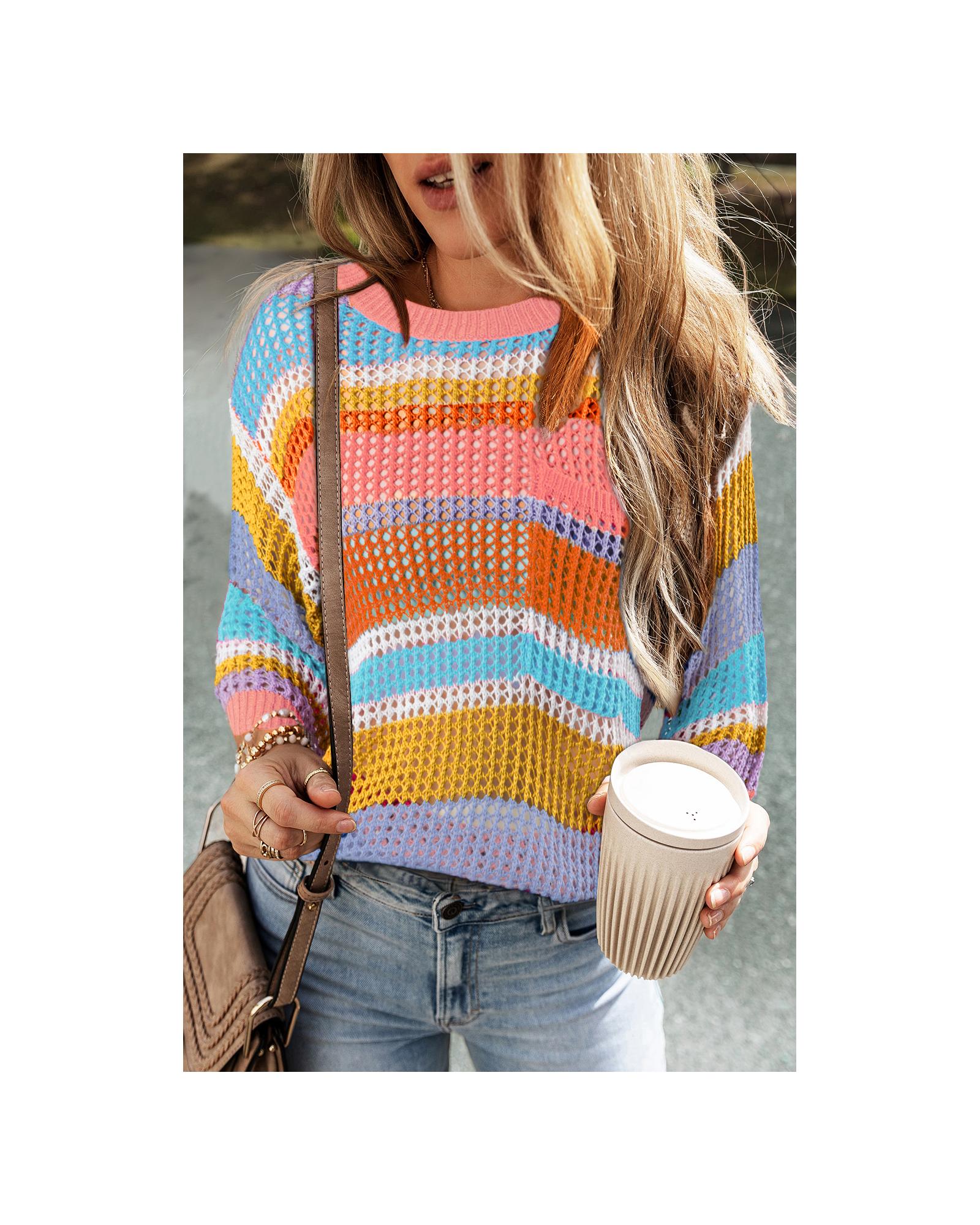 Pink Stripe Colorblock Hollowed Crochet 3/4 Sleeve Sweater - M 7