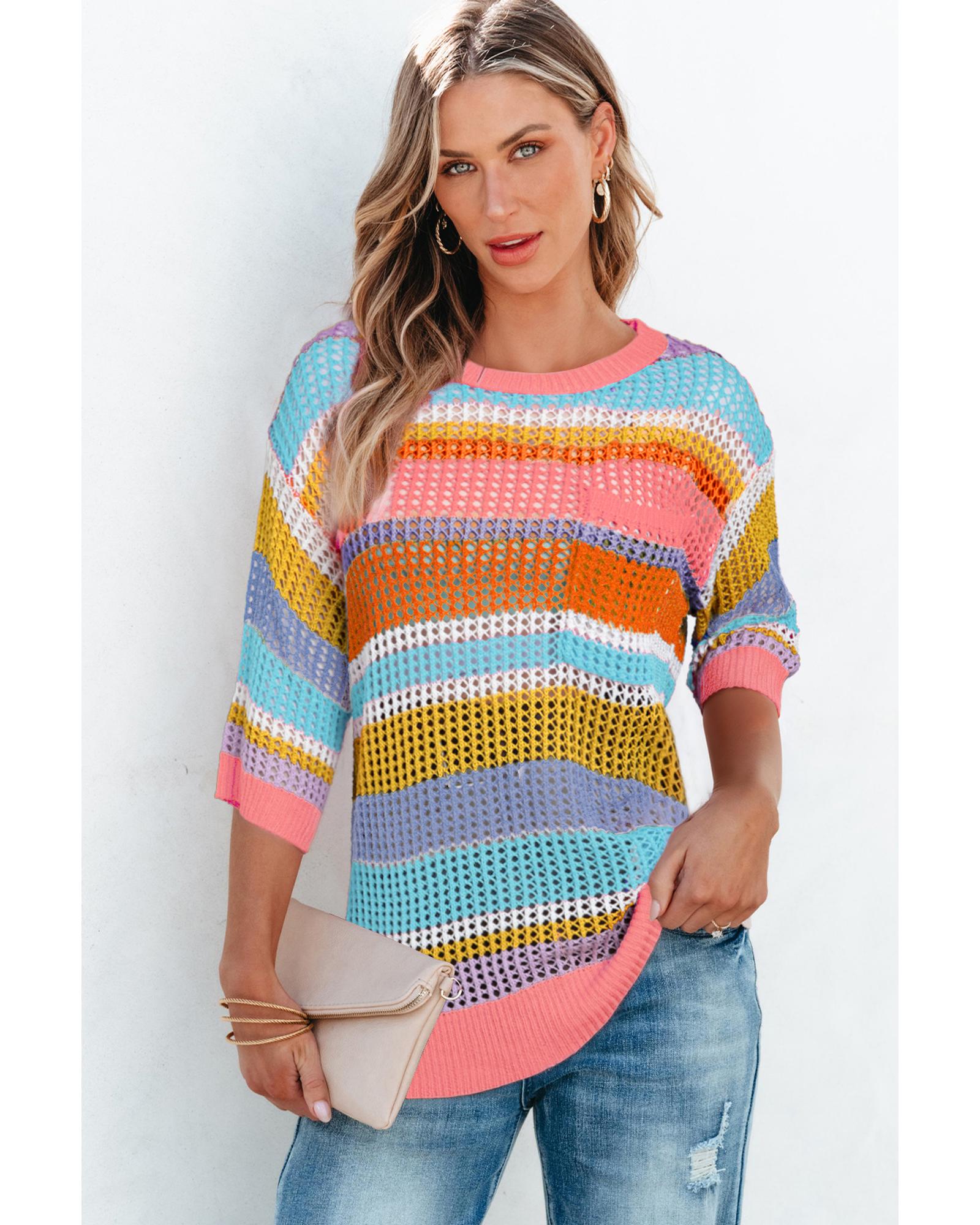 Pink Stripe Colorblock Hollowed Crochet 3/4 Sleeve Sweater - M 8