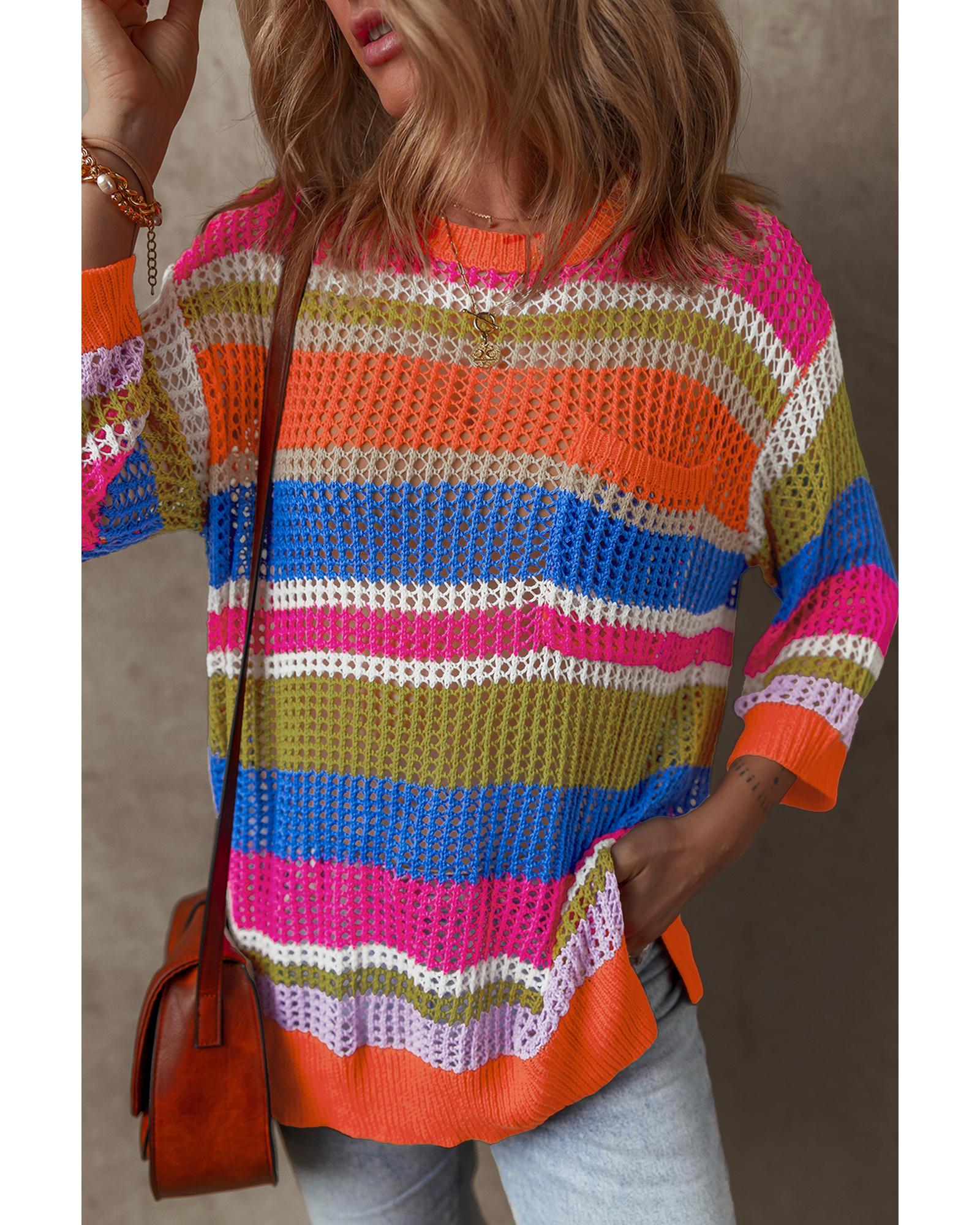 Orange Stripe Colorblock Hollowed Crochet 3/4 Sleeve Sweater - L 4