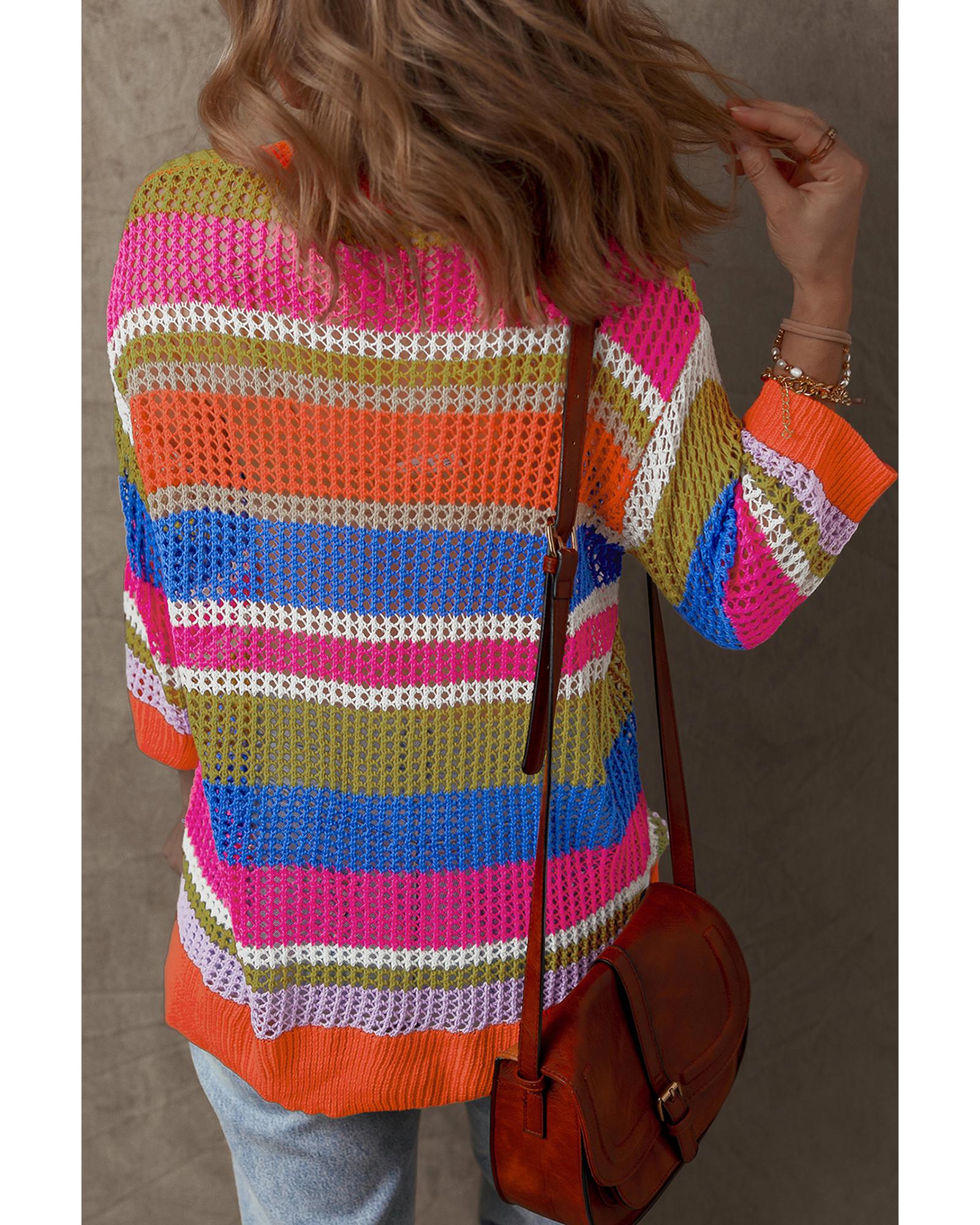 Orange Stripe Colorblock Hollowed Crochet 3/4 Sleeve Sweater - L 5