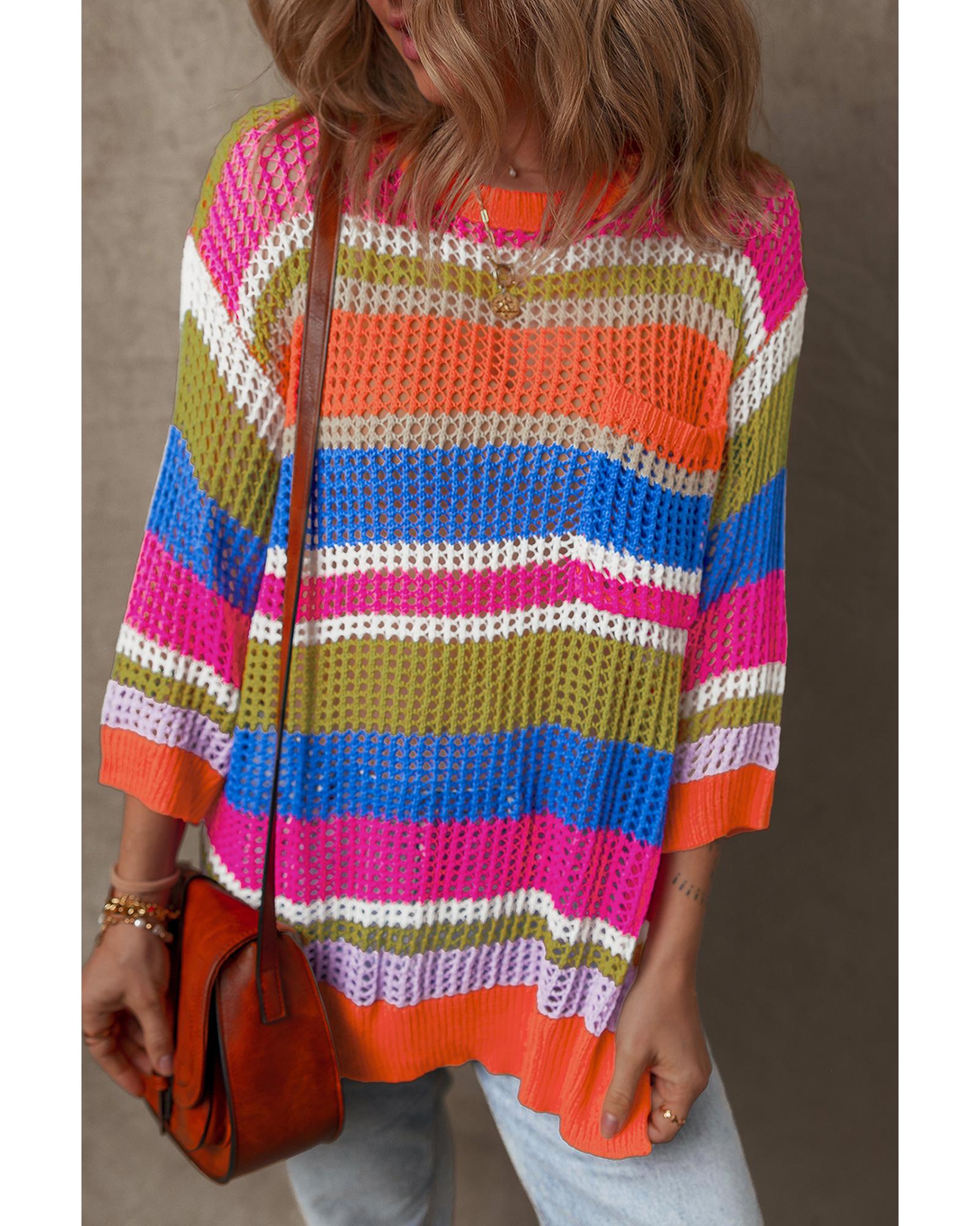 Orange Stripe Colorblock Hollowed Crochet 3/4 Sleeve Sweater - M