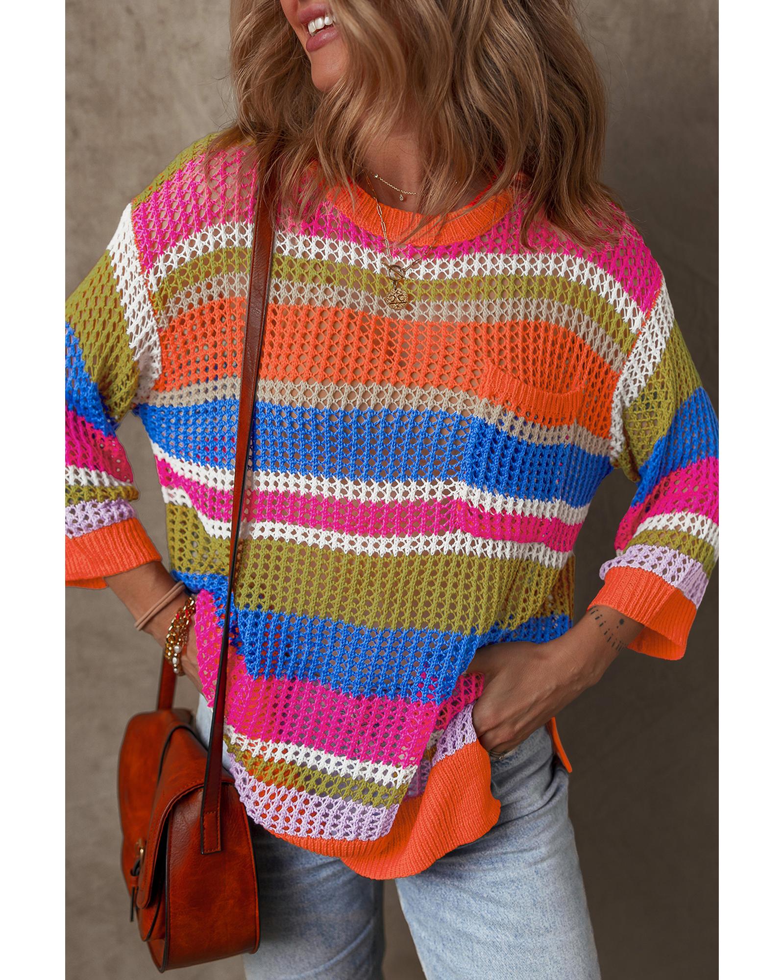 Orange Stripe Colorblock Hollowed Crochet 3/4 Sleeve Sweater - M 6