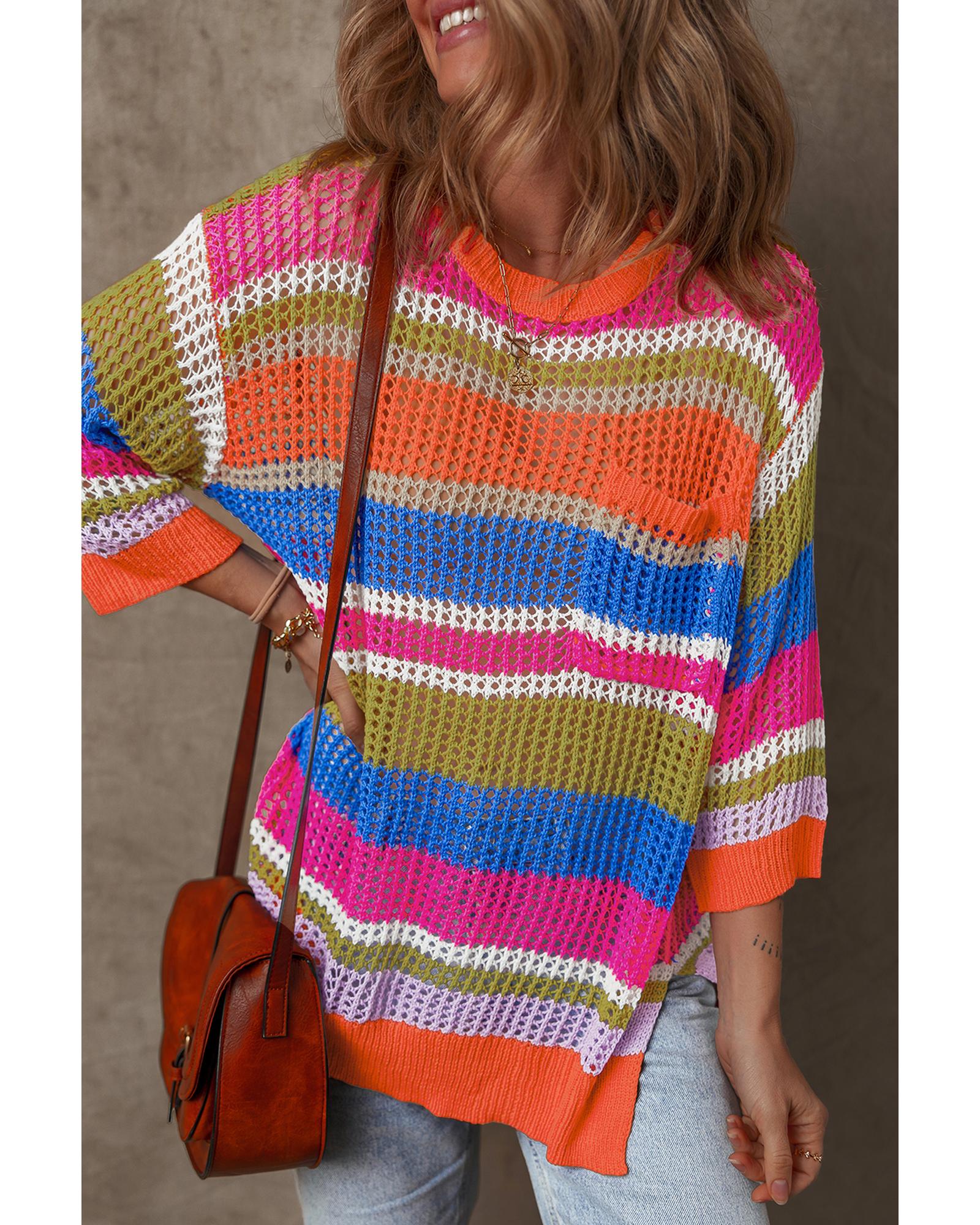 Orange Stripe Colorblock Hollowed Crochet 3/4 Sleeve Sweater - M 7