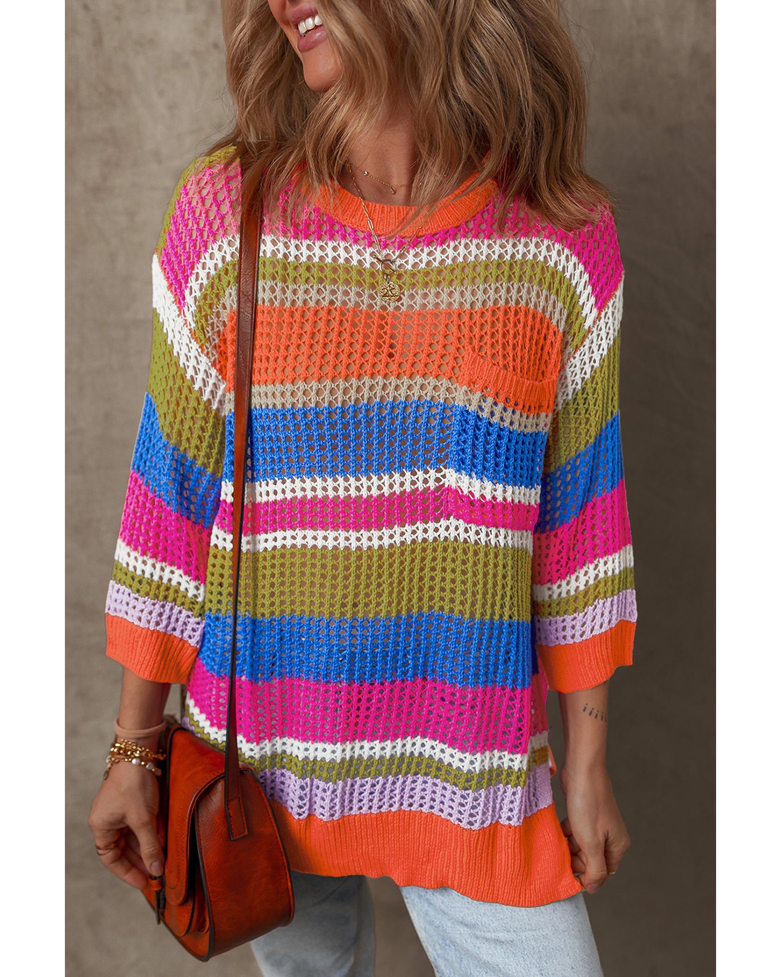 Orange Stripe Colorblock Hollowed Crochet 3/4 Sleeve Sweater - S 3