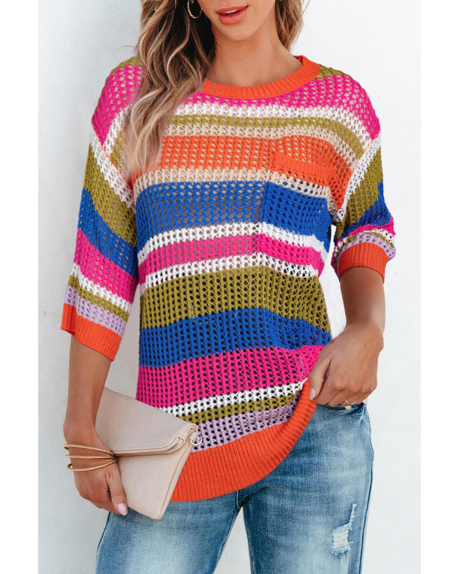Orange Stripe Colorblock Hollowed Crochet 3/4 Sleeve Sweater - S 6
