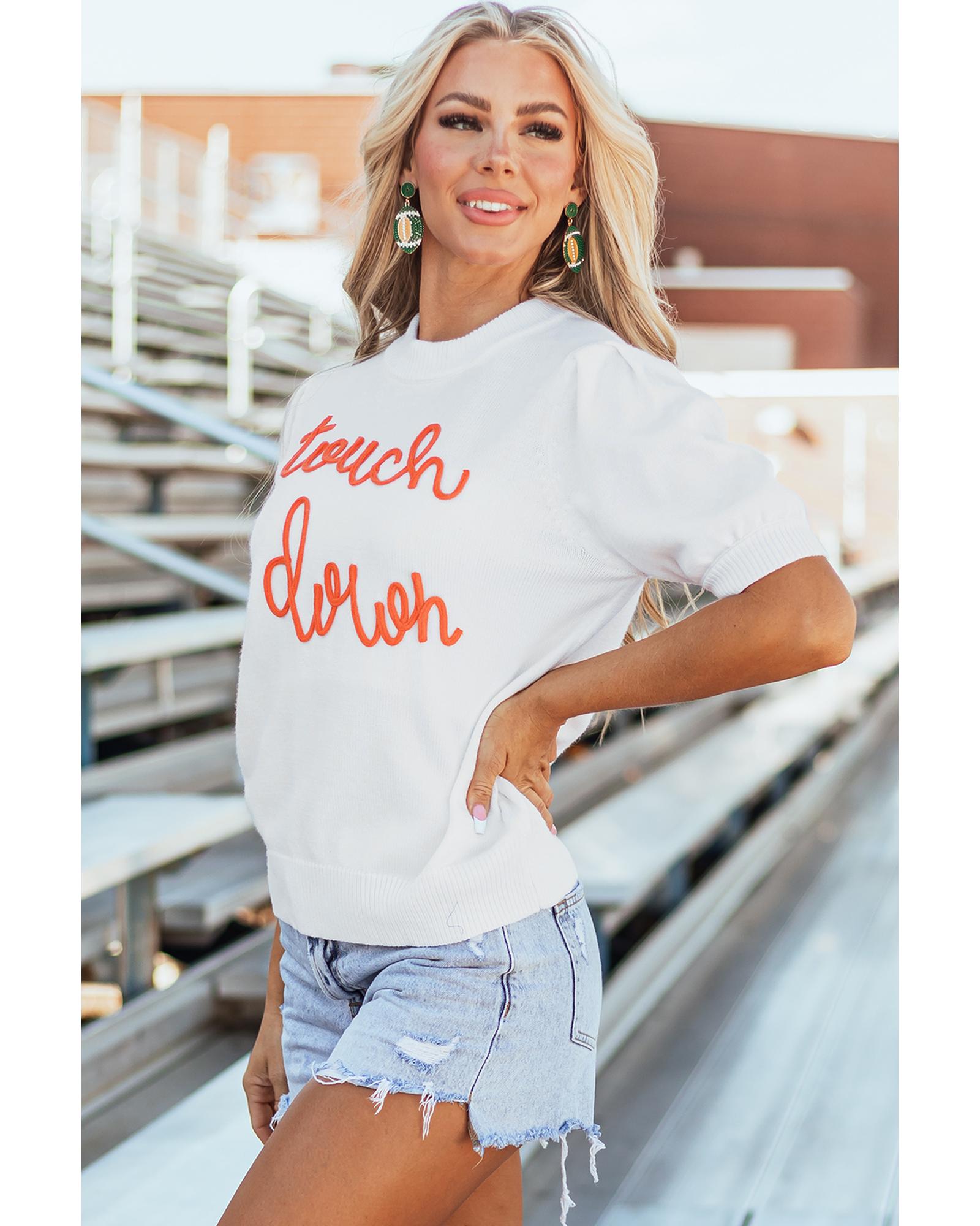 White Touchdown Tinsel Puff Short Sleeve Crew Neck Sweater - L 4