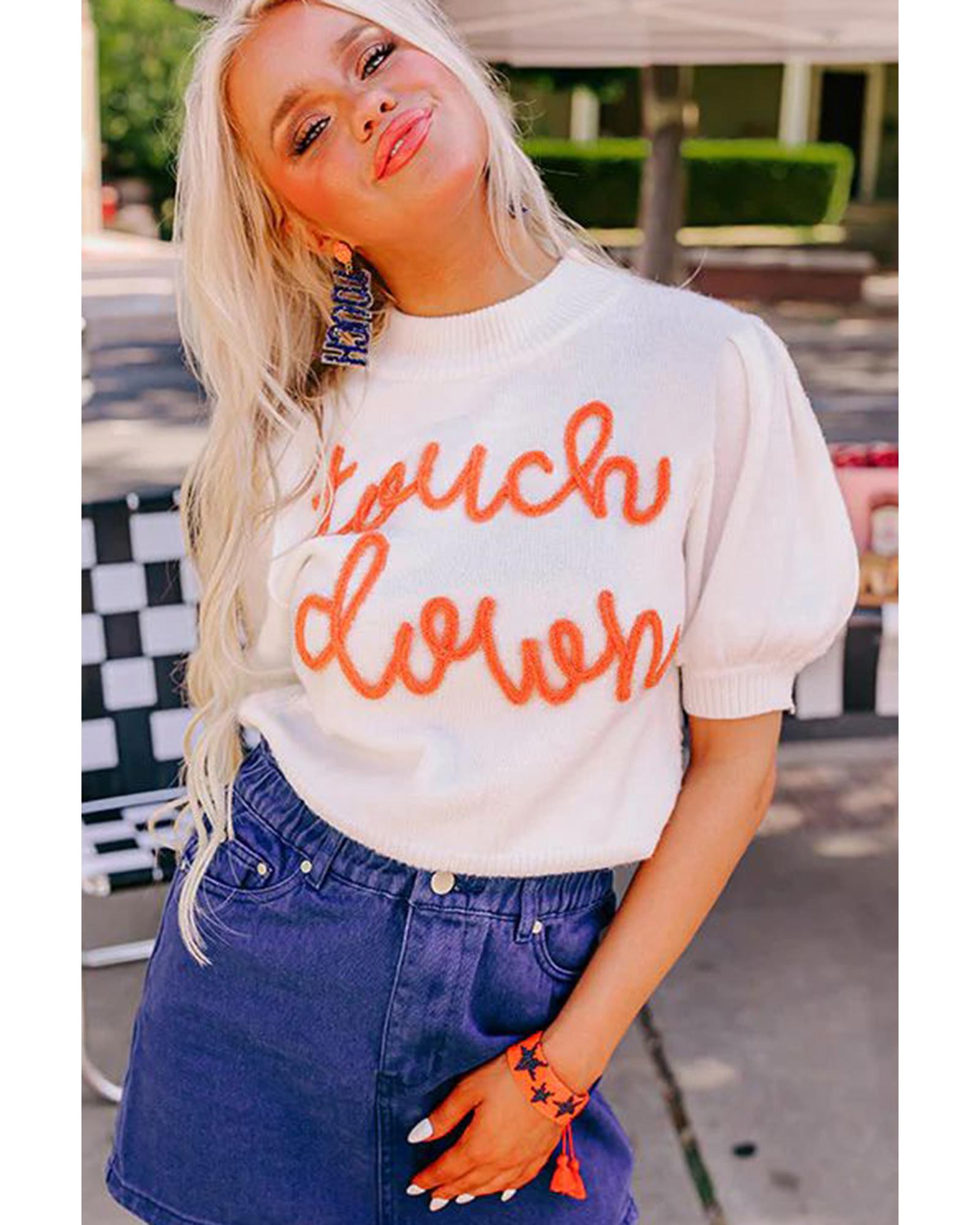 White Touchdown Tinsel Puff Short Sleeve Crew Neck Sweater - L 5