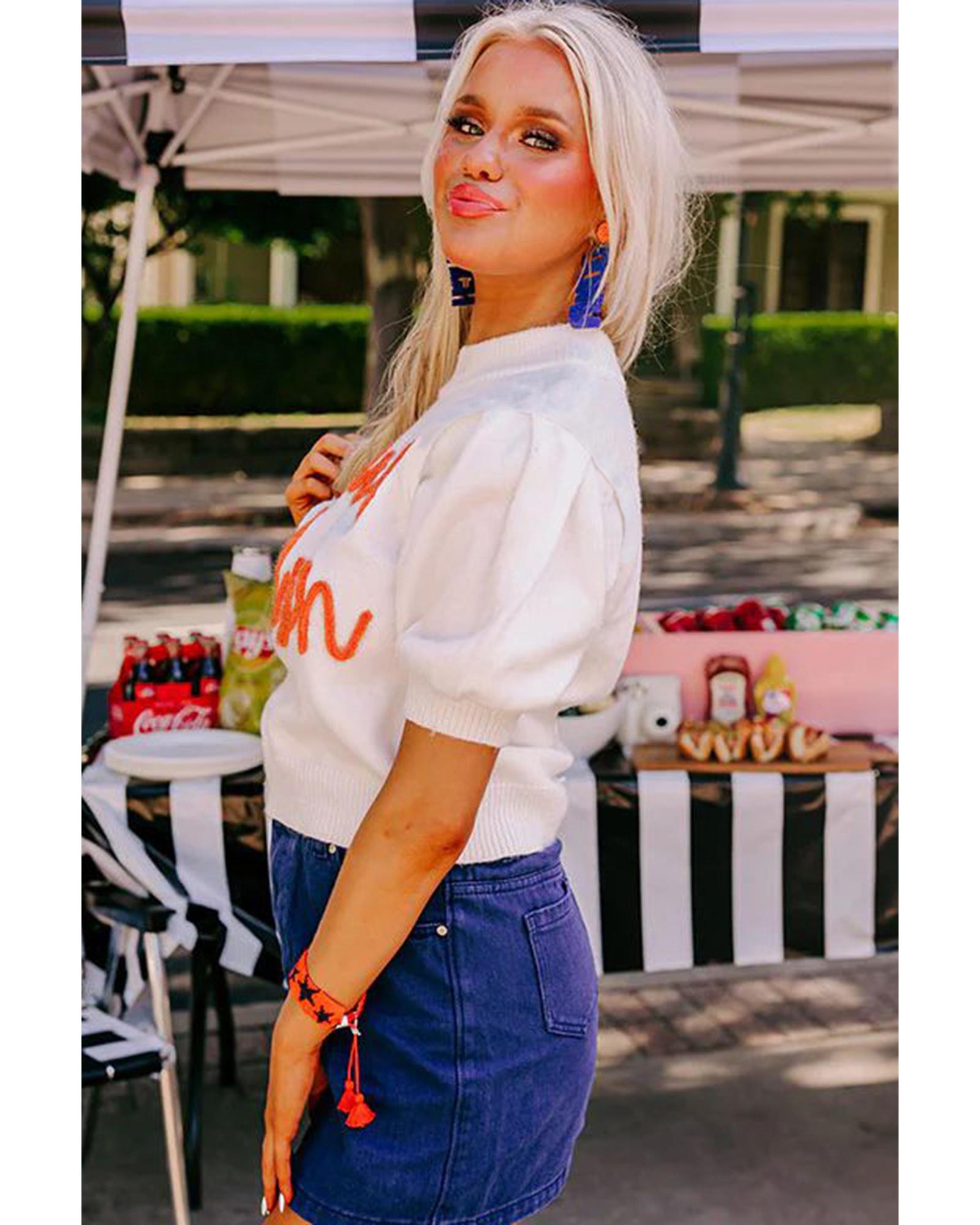 White Touchdown Tinsel Puff Short Sleeve Crew Neck Sweater - M 8