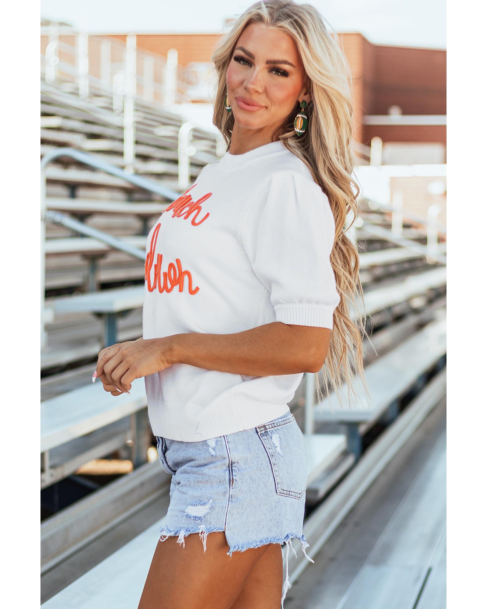 White Touchdown Tinsel Puff Short Sleeve Crew Neck Sweater - XL 3