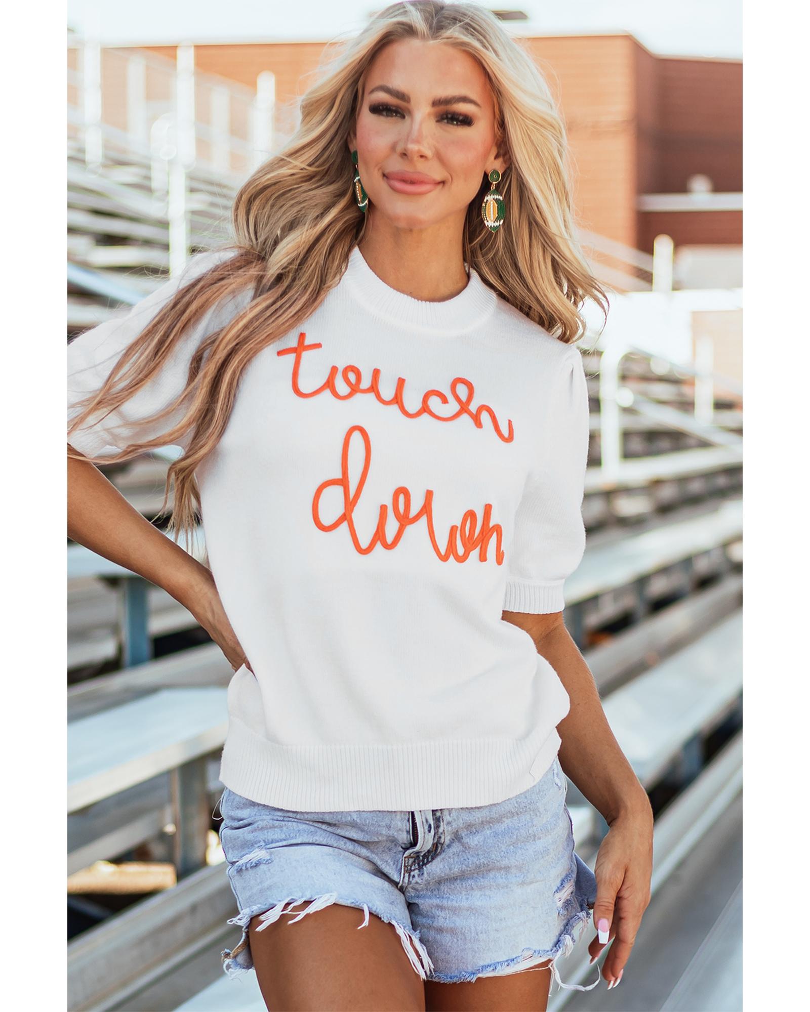White Touchdown Tinsel Puff Short Sleeve Crew Neck Sweater - XL 7