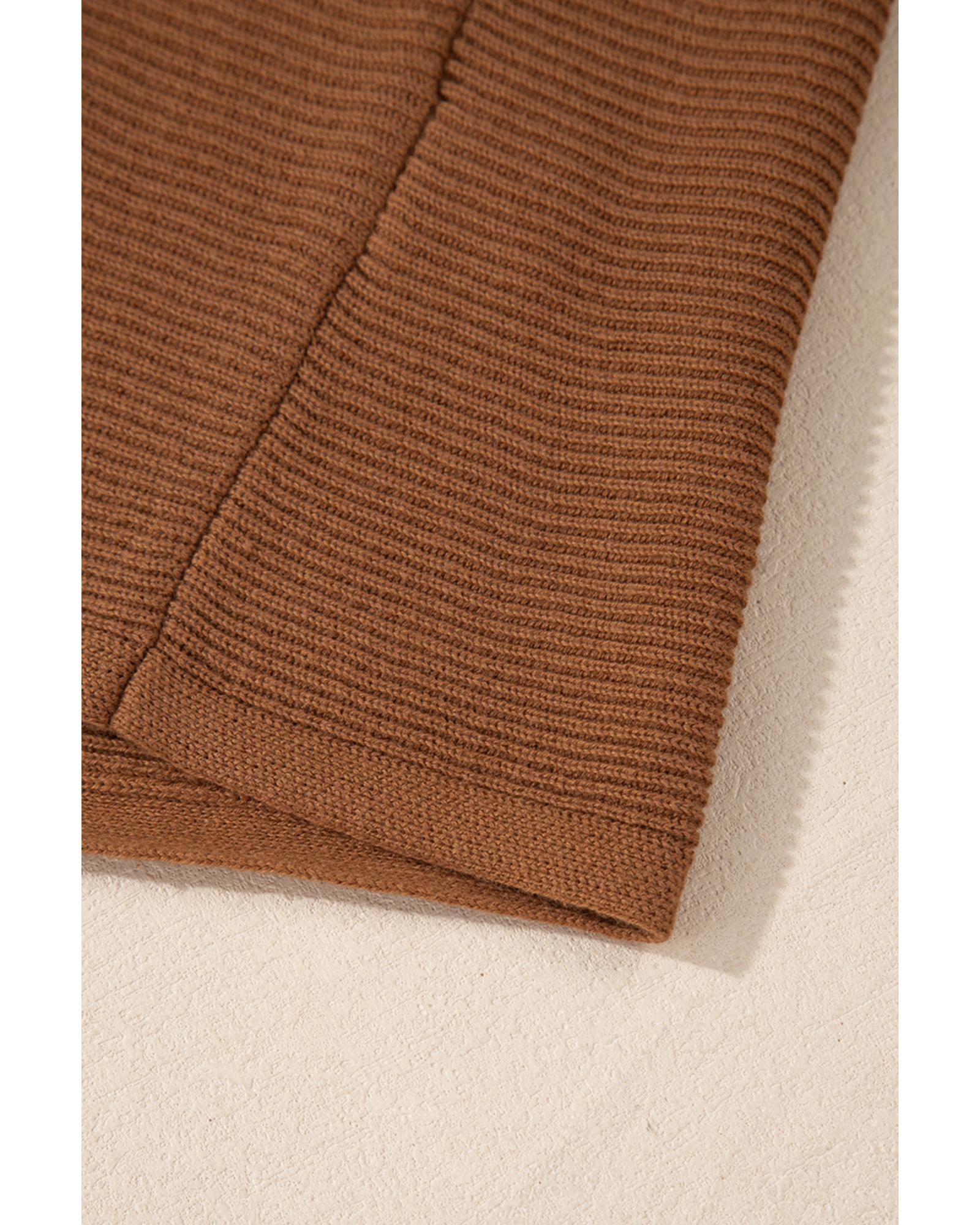 Camel Ribbed Knit Drop Sleeve V Neck Loose Fit Sweater - M 4