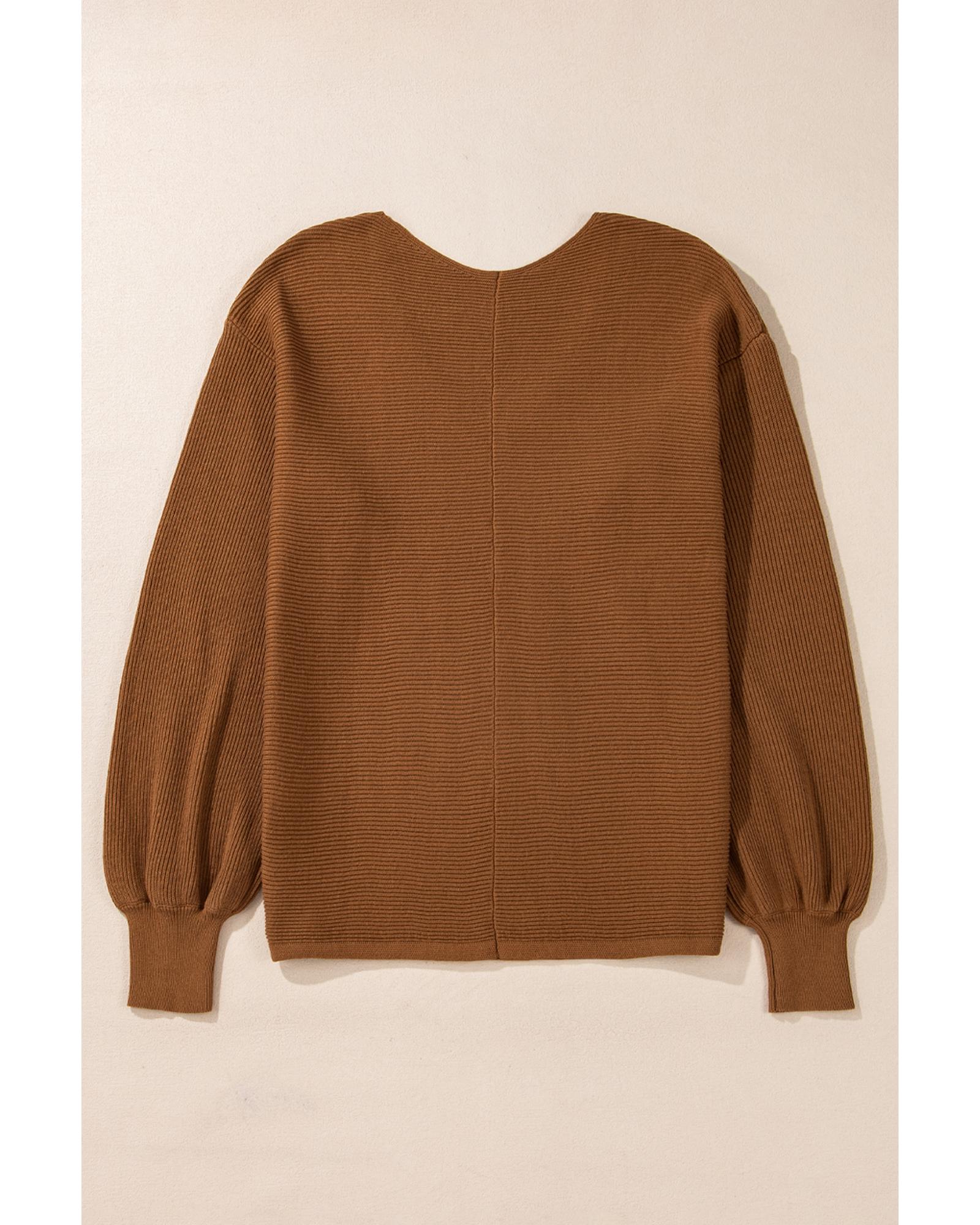 Camel Ribbed Knit Drop Sleeve V Neck Loose Fit Sweater - M 6