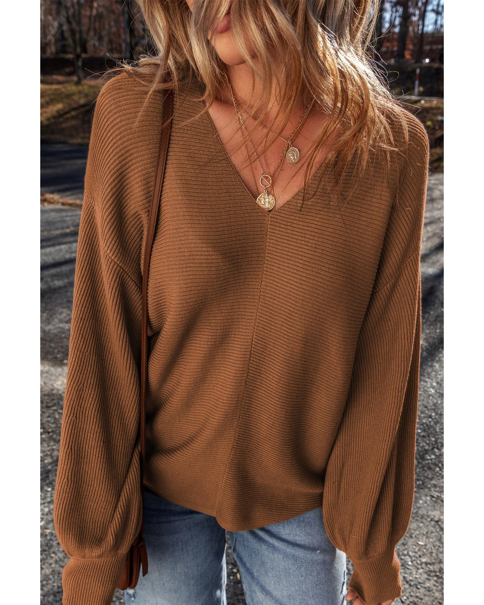 Camel Ribbed Knit Drop Sleeve V Neck Loose Fit Sweater - M 7