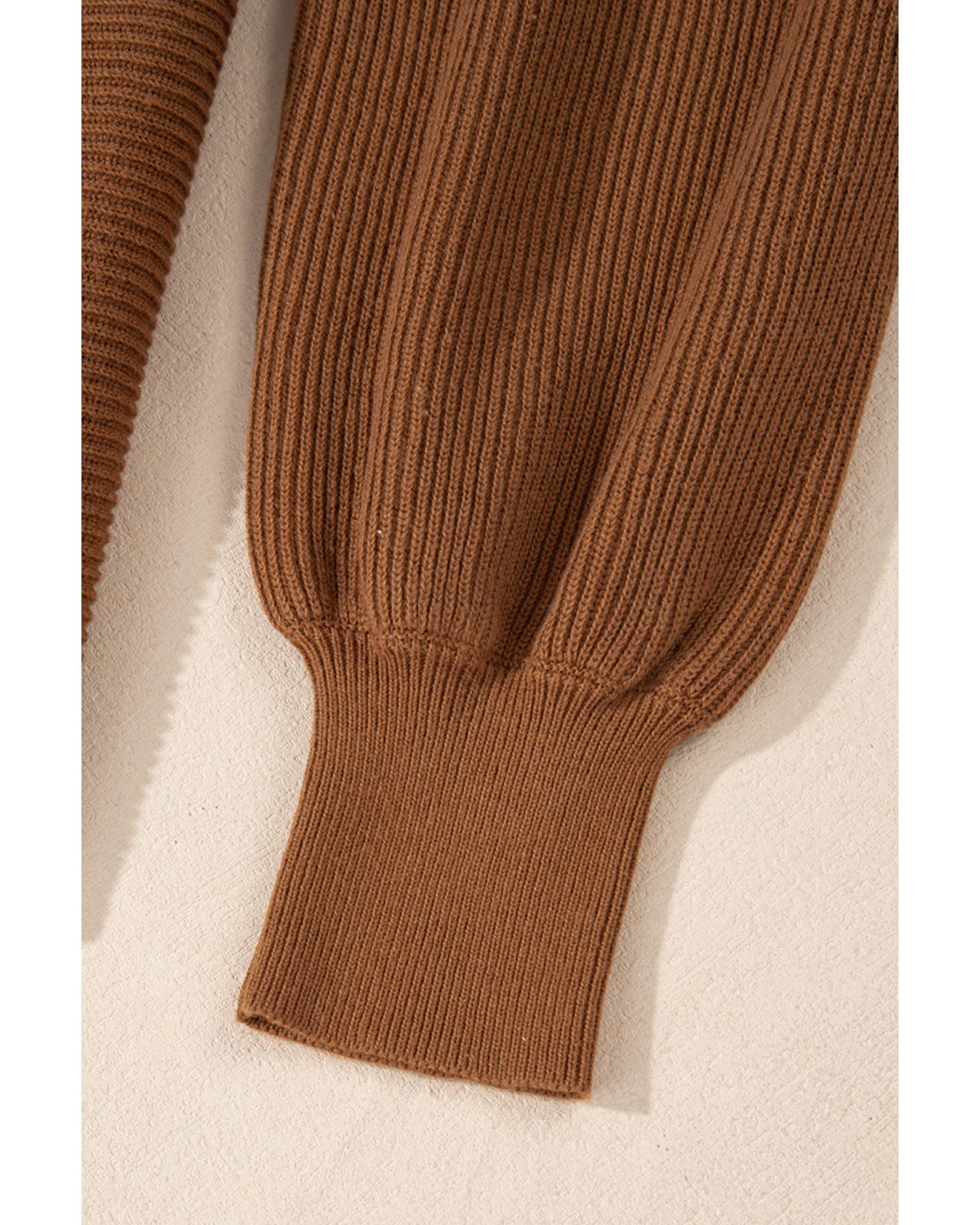Camel Ribbed Knit Drop Sleeve V Neck Loose Fit Sweater - S
