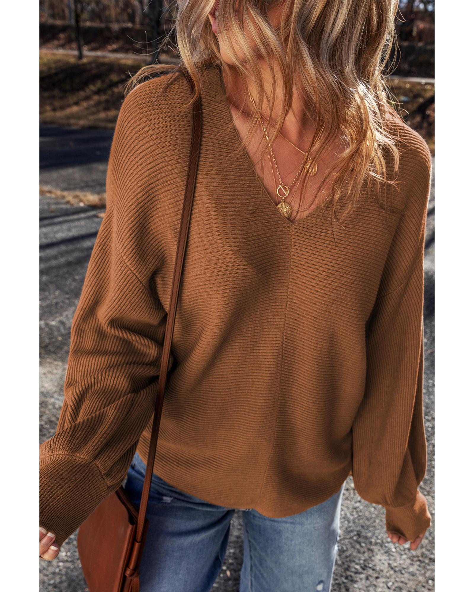 Camel Ribbed Knit Drop Sleeve V Neck Loose Fit Sweater - S 3