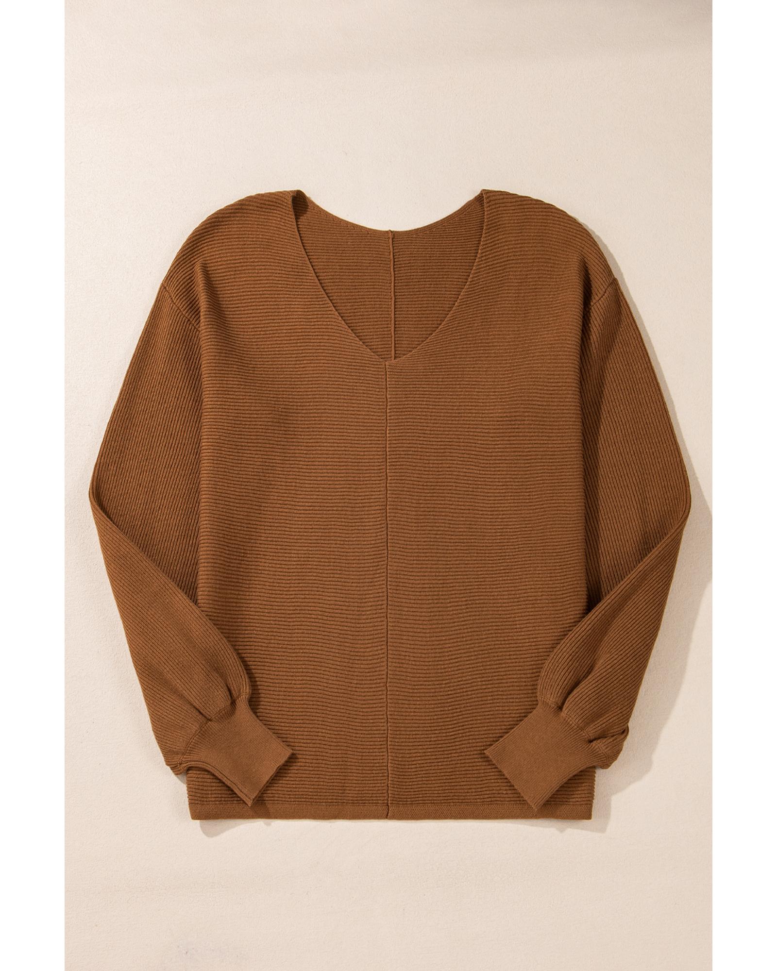 Camel Ribbed Knit Drop Sleeve V Neck Loose Fit Sweater - S 5