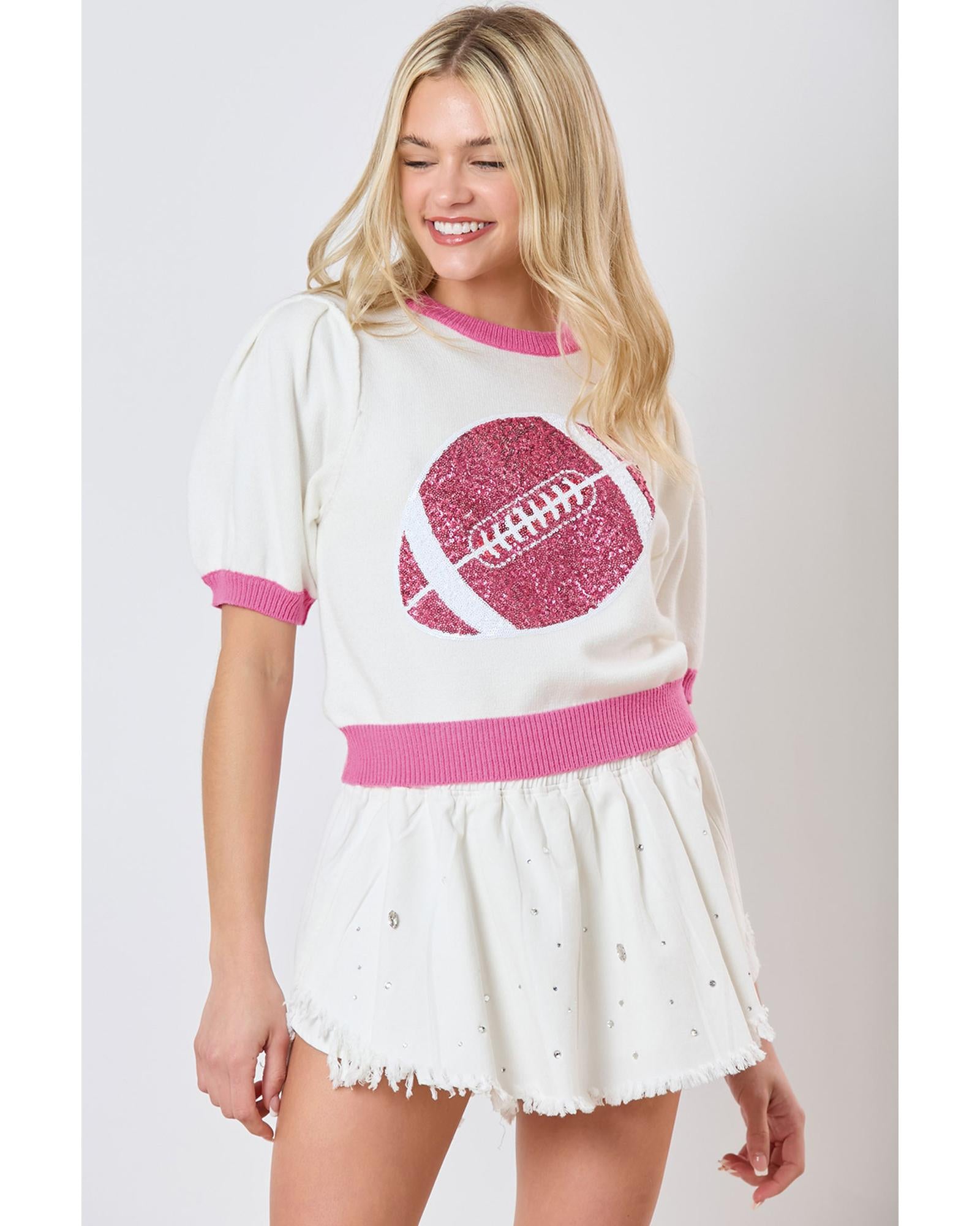 Pink Sequin Rugby Color Block Puff Short Sleeve Sweater - L