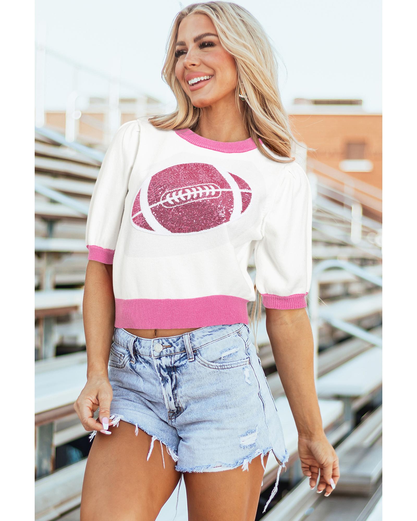 Pink Sequin Rugby Color Block Puff Short Sleeve Sweater - M 8