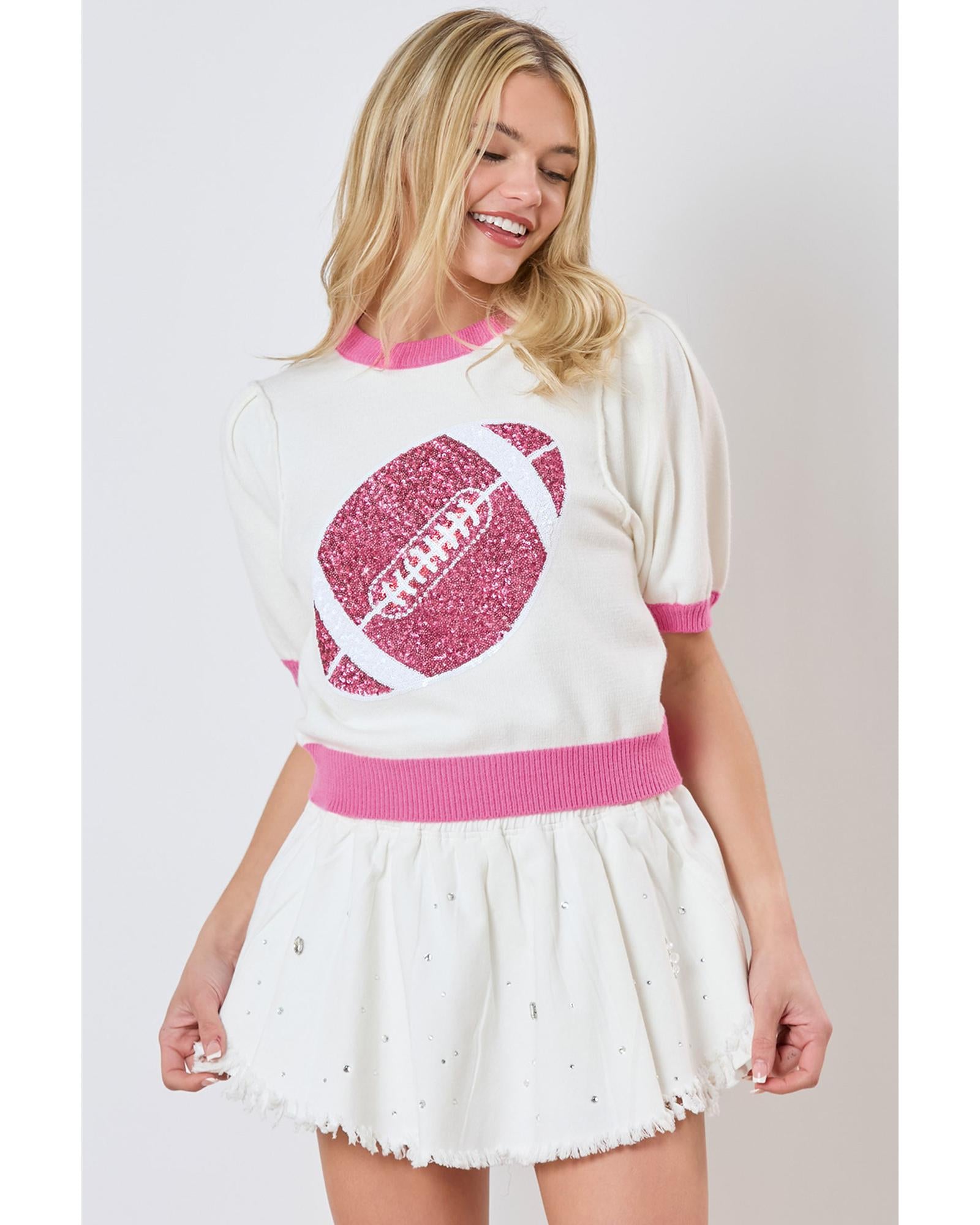 Pink Sequin Rugby Color Block Puff Short Sleeve Sweater - S 3
