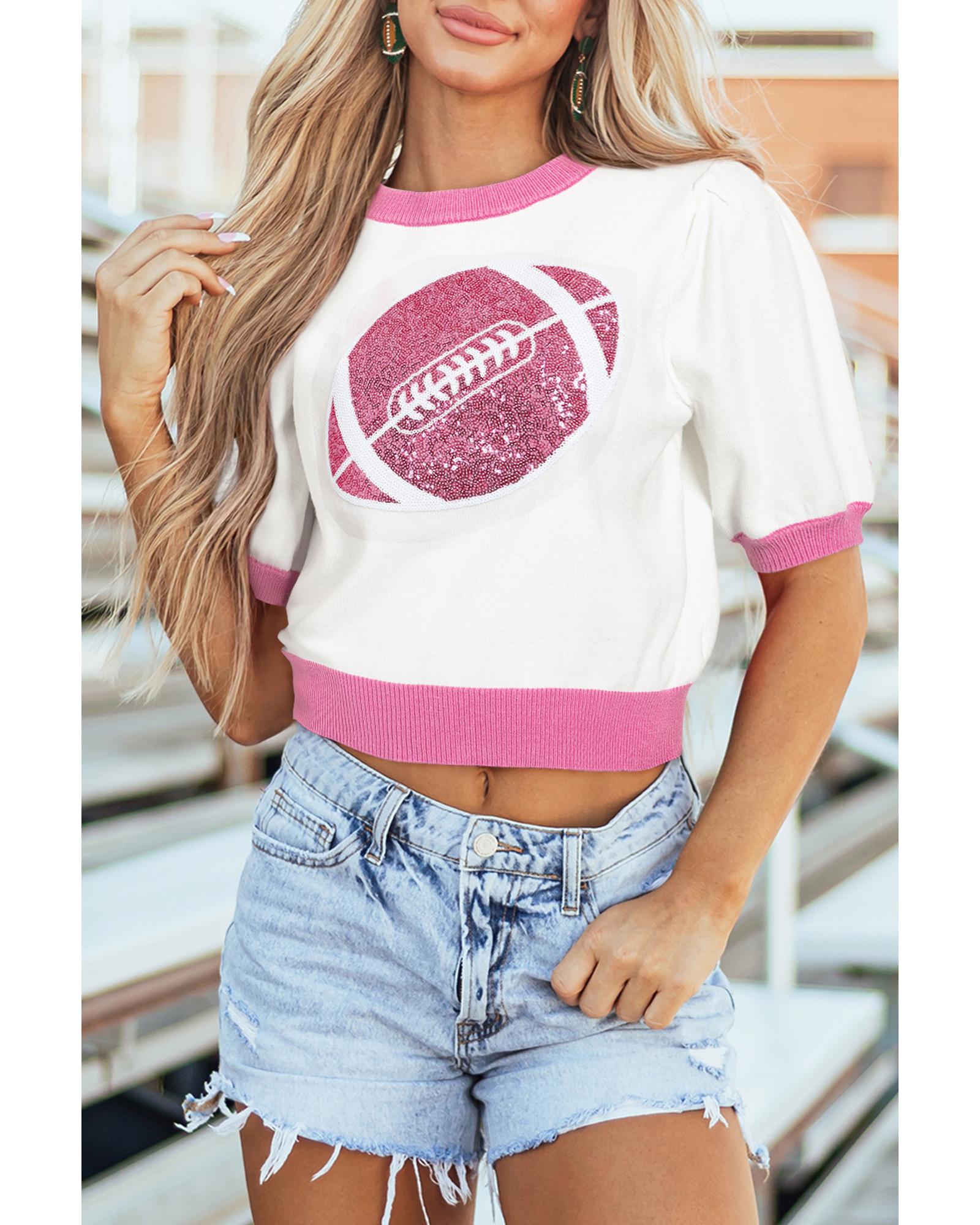 Pink Sequin Rugby Color Block Puff Short Sleeve Sweater - XL 5
