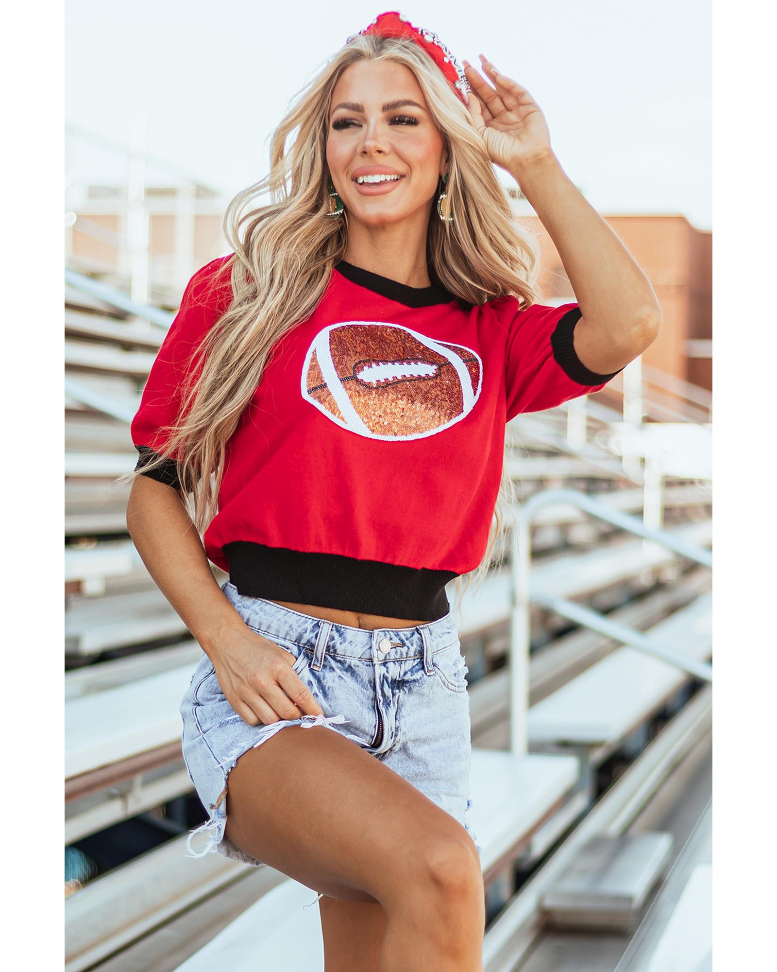 Red Sequin Rugby Color Block Puff Short Sleeve Sweater - L 3