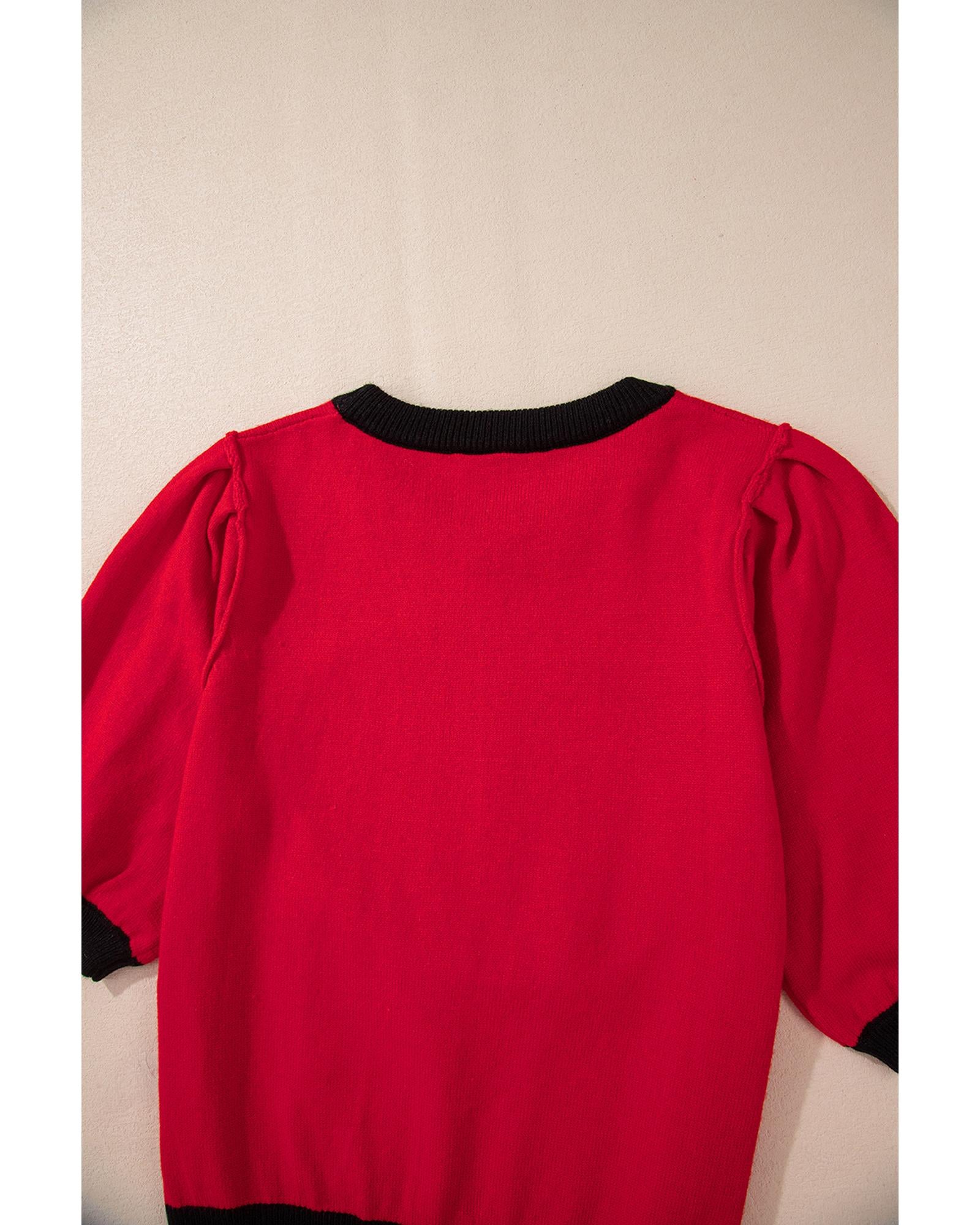 Red Sequin Rugby Color Block Puff Short Sleeve Sweater - L 7