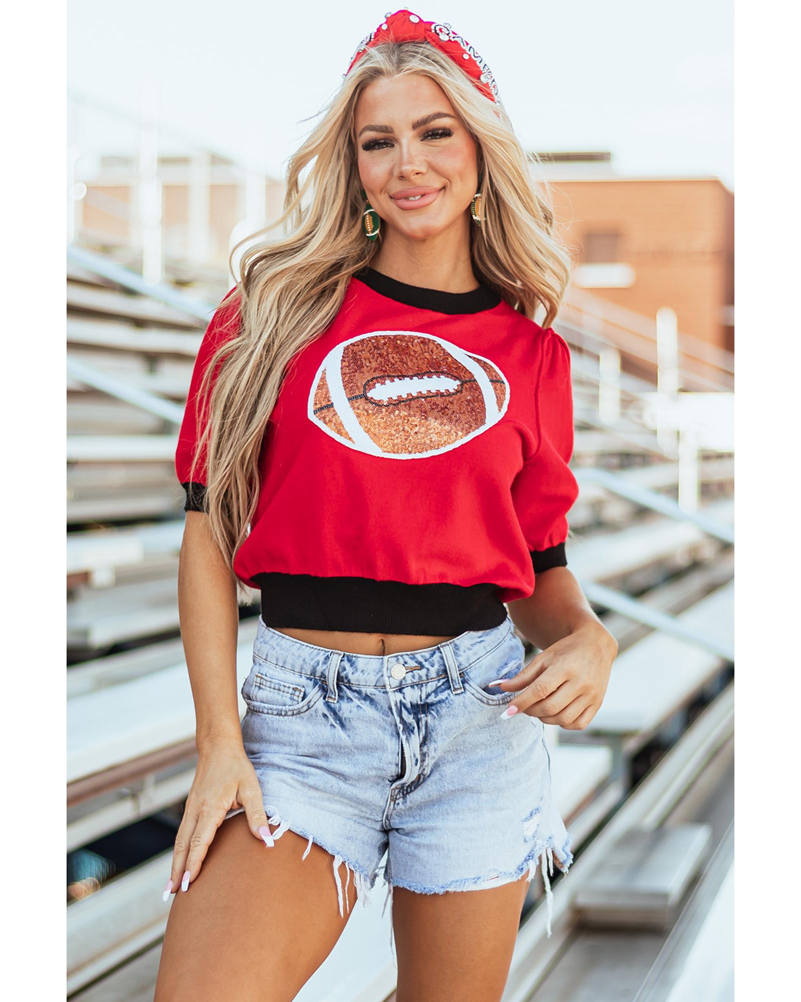 Red Sequin Rugby Color Block Puff Short Sleeve Sweater - M 4