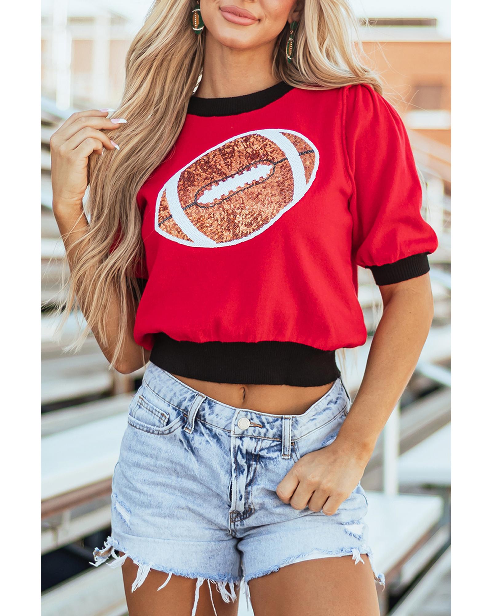 Red Sequin Rugby Color Block Puff Short Sleeve Sweater - S 5