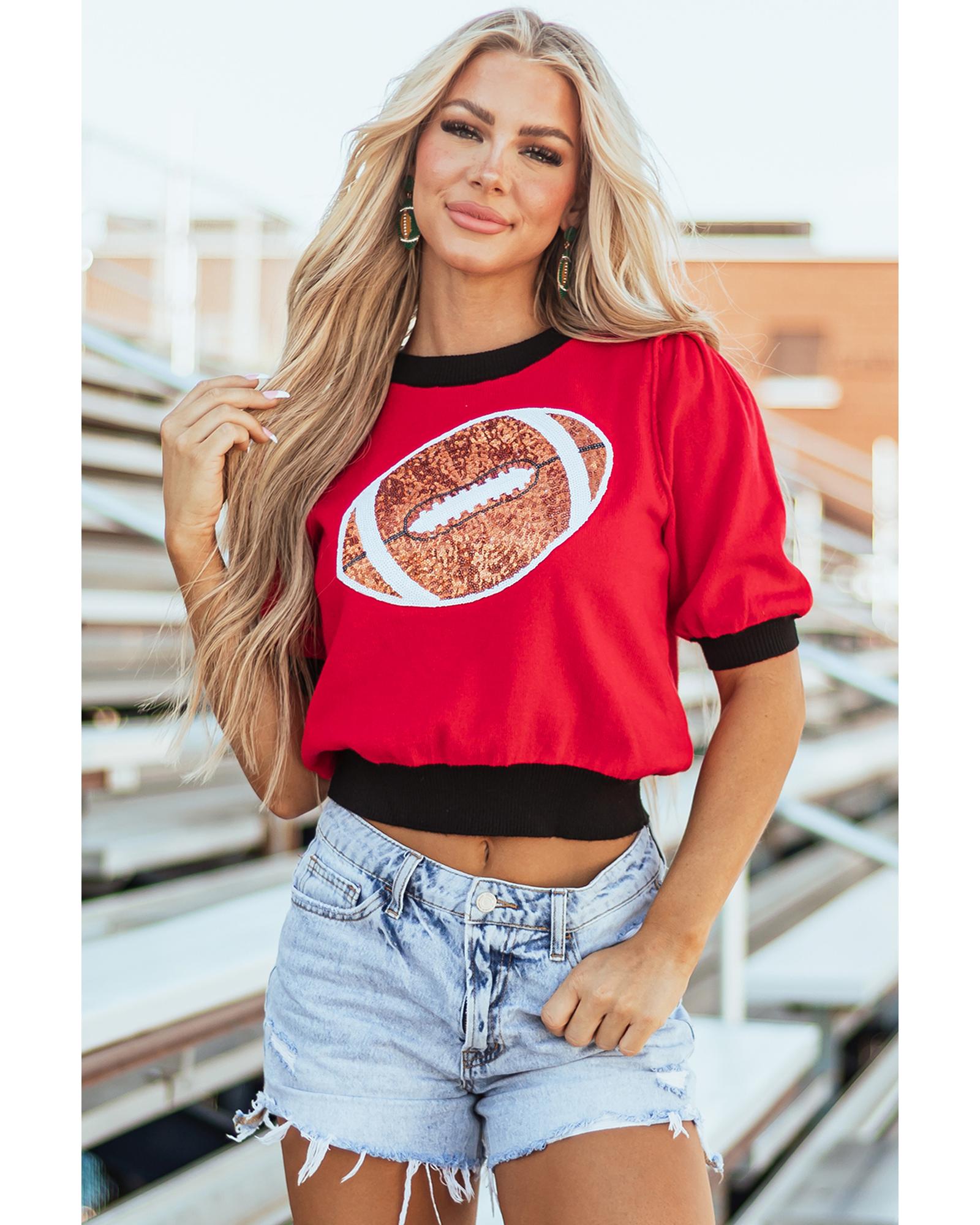 Red Sequin Rugby Color Block Puff Short Sleeve Sweater - XL 6