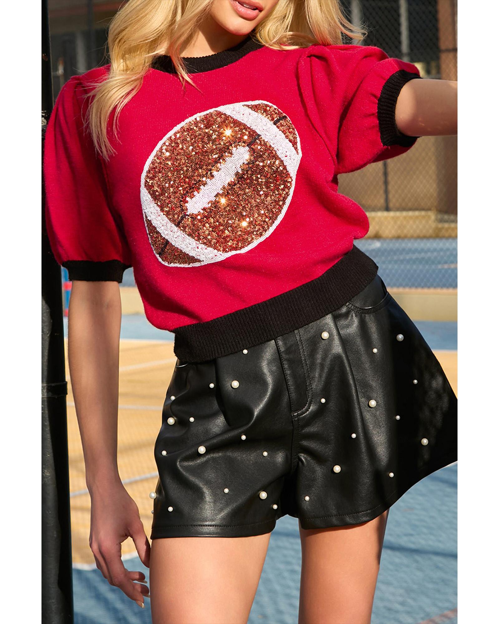 Red Sequin Rugby Color Block Puff Short Sleeve Sweater - XL 7